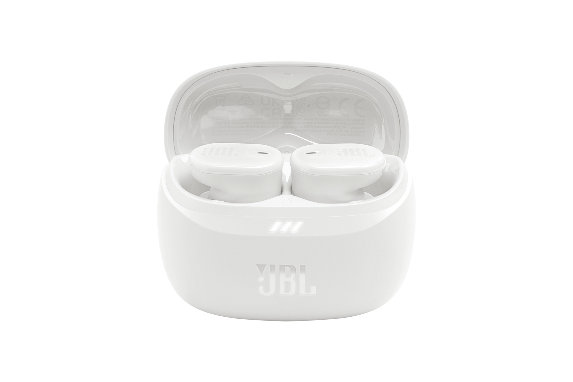 JBL TUNE BUDS 2 어댑티브 노이즈 캔슬링 무선 이어폰 화이트 케이스가 열린 이미지