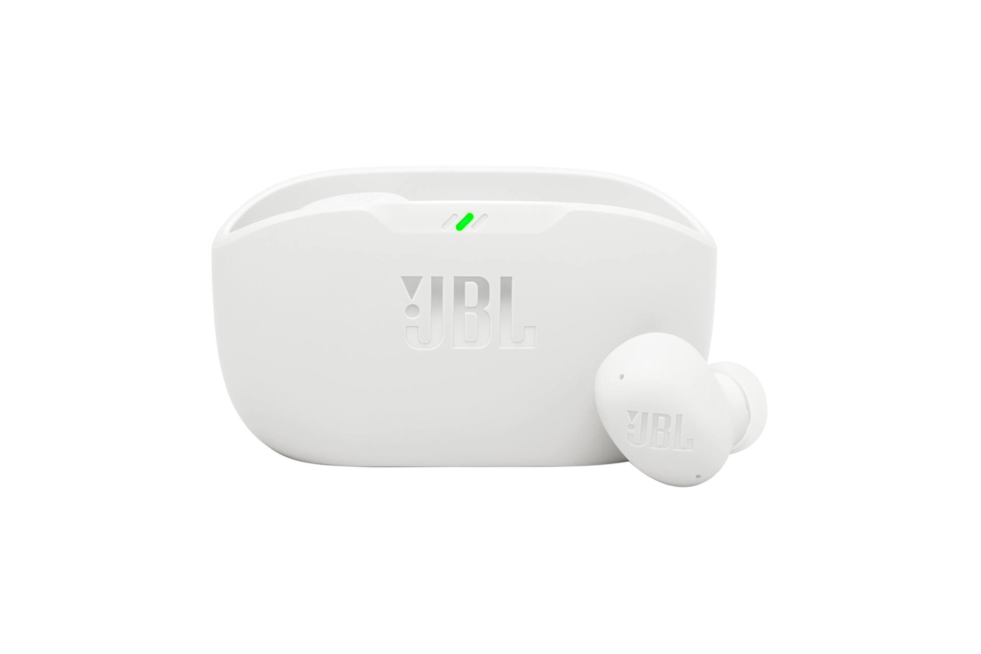 JBL WAVE BUDS 2 액티브 노이즈 캔슬링 무선 이어폰 화이트 우측 이어폰이 케이스 밖으로 나와 있는 이미지