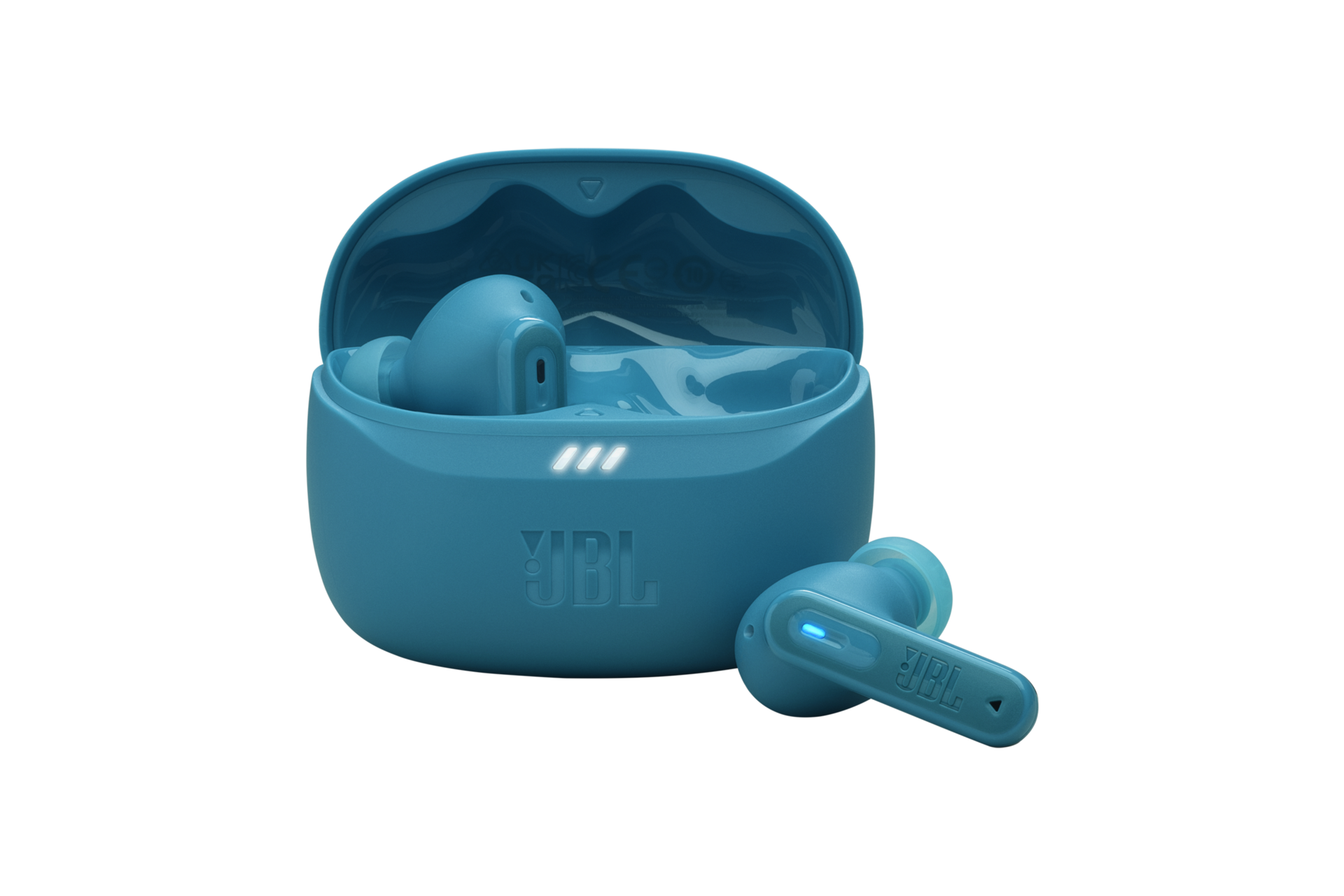 JBL TUNE BEAM 2 어댑티브 노이즈 캔슬링 무선 이어폰 터쿼이즈 케이스가 열려 있으머 우측 이어폰이 케이스 밖으로 나와 있는 이미지