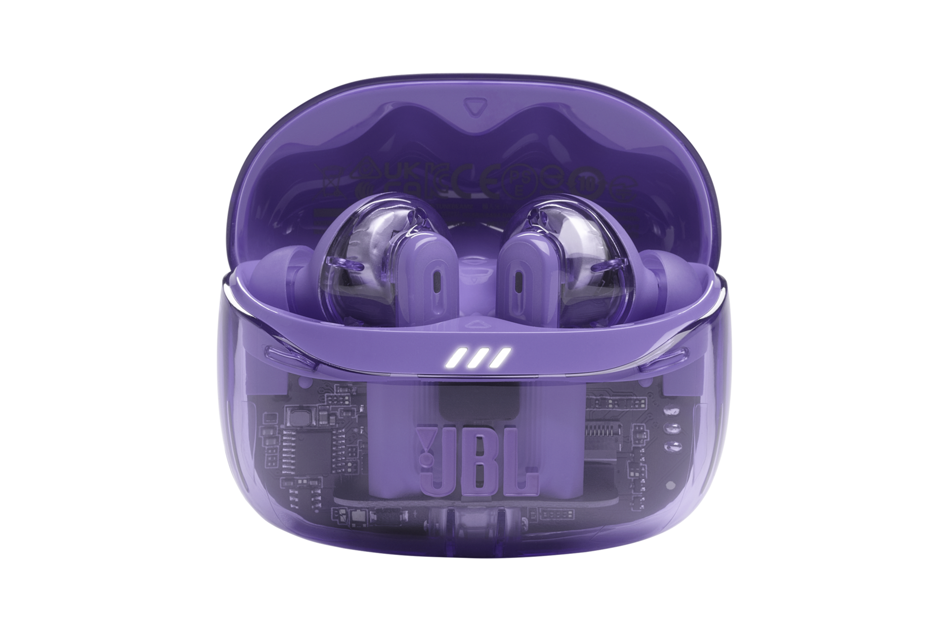JBL TUNE BEAM 2 어댑티브 노이즈 캔슬링 무선 이어폰 고스트 모브(Mauve) 케이스가 열린 이미지