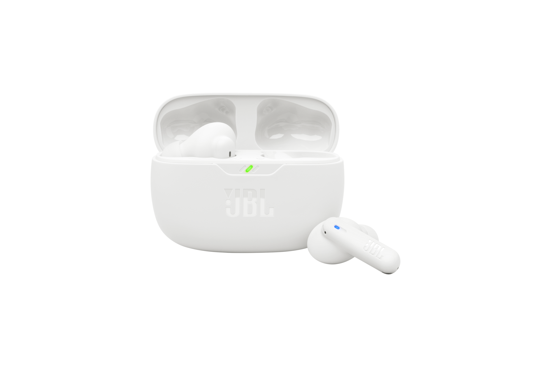JBL WAVE BEAM 2 액티브 노이즈 캔슬링 무선 이어폰 화이트 케이스가 열려 있으머 우측 이어폰이 케이스 밖으로 나와 있는 이미지