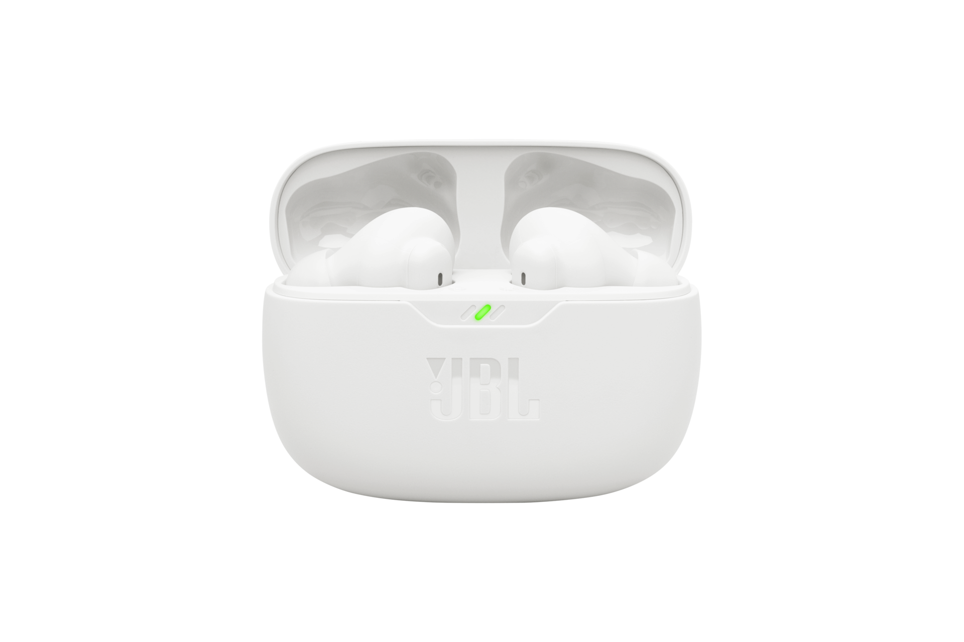 JBL WAVE BEAM 2 액티브 노이즈 캔슬링 무선 이어폰 화이트 케이스가 열린 이미지