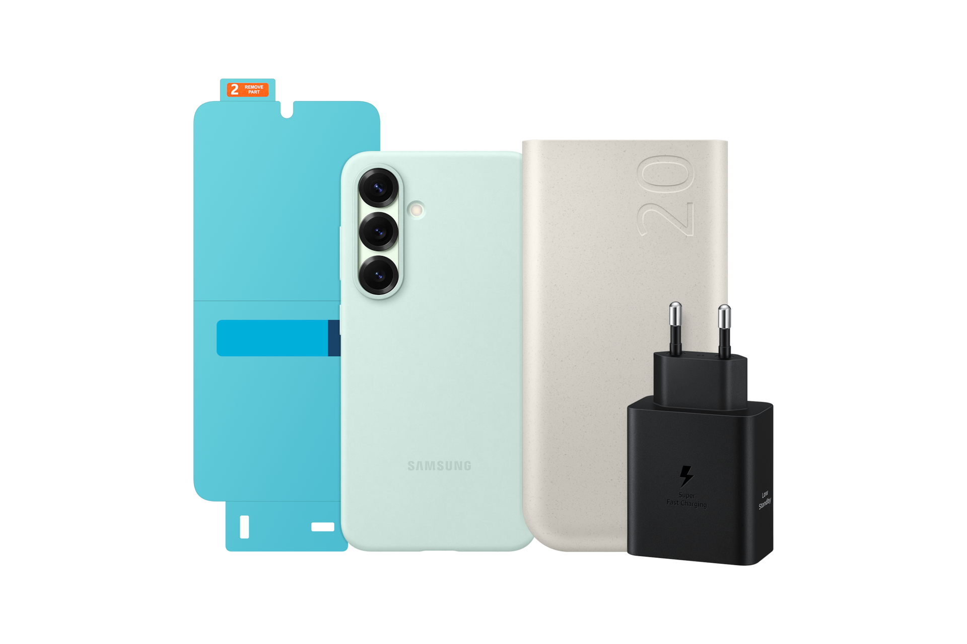 갤럭시 S25 실리콘 케이스(민트) + PD 배터리팩 20,000mAh (45W) + 갤럭시 S25 AR 스크린 프로텍터 + 50W 듀얼 PD 충전기 절전형 (USB C to C 케이블 포함) 첫번째 이미지