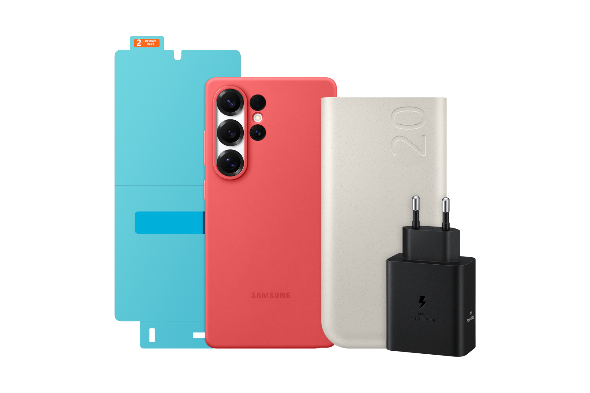 갤럭시 S25 Ultra 실리콘 케이스(레드) + PD 배터리팩 20,000mAh (45W) + 갤럭시 S25 Ultra AR 스크린 프로텍터 + 50W 듀얼 PD 충전기 절전형 (USB C to C 케이블 포함) 첫번째 이미지