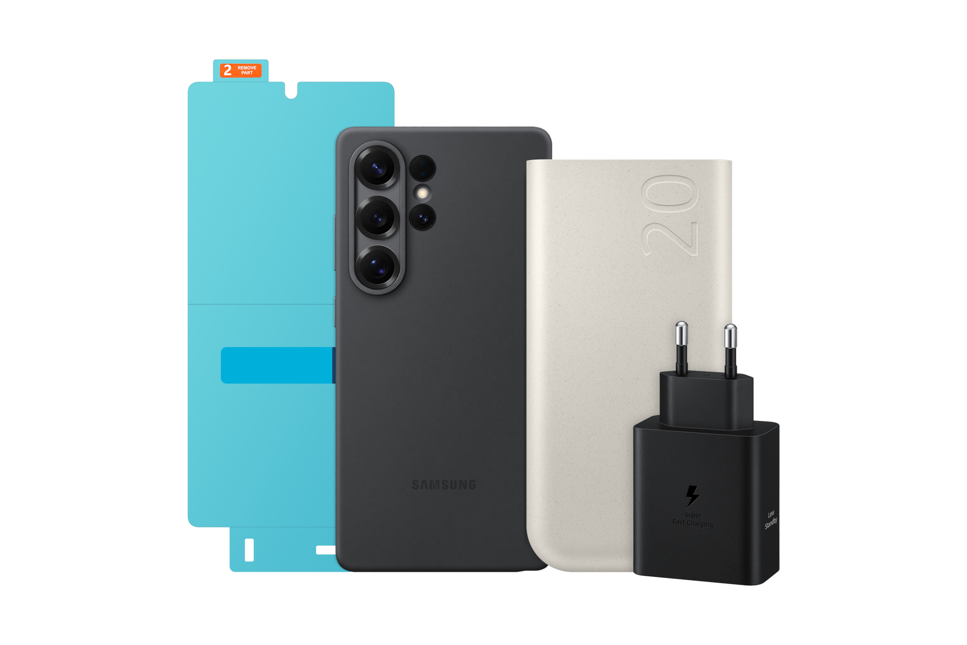 갤럭시 S25 Ultra 실리콘 케이스(블랙) + PD 배터리팩 20,000mAh (45W) + 갤럭시 S25 Ultra AR 스크린 프로텍터 + 50W 듀얼 PD 충전기 절전형 (USB C to C 케이블 포함) 첫번째 이미지