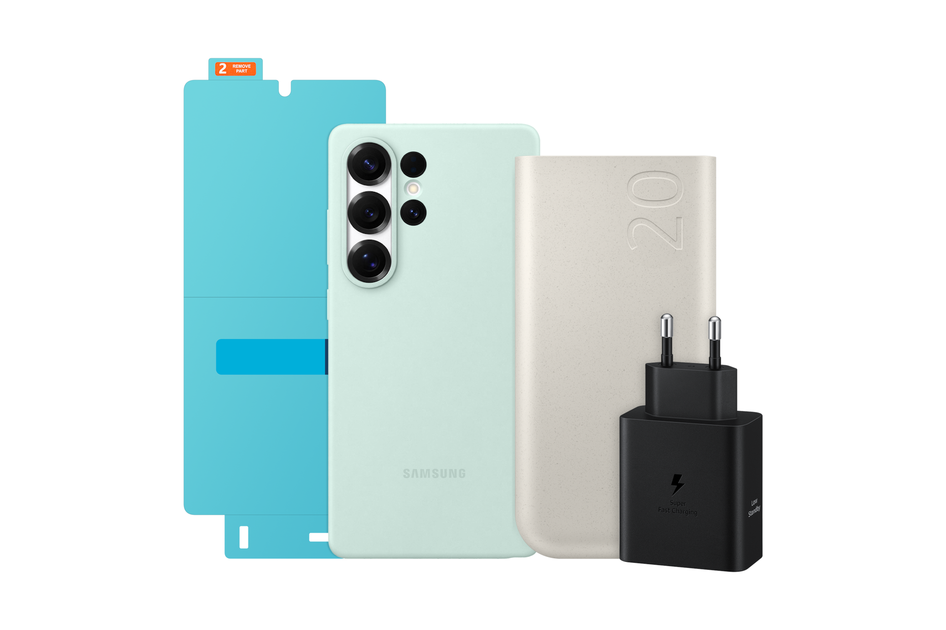 갤럭시 S25 Ultra 실리콘 케이스(민트) + PD 배터리팩 20,000mAh (45W) + 갤럭시 S25 Ultra AR 스크린 프로텍터 + 50W 듀얼 PD 충전기 절전형 (USB C to C 케이블 포함) 첫번째 이미지