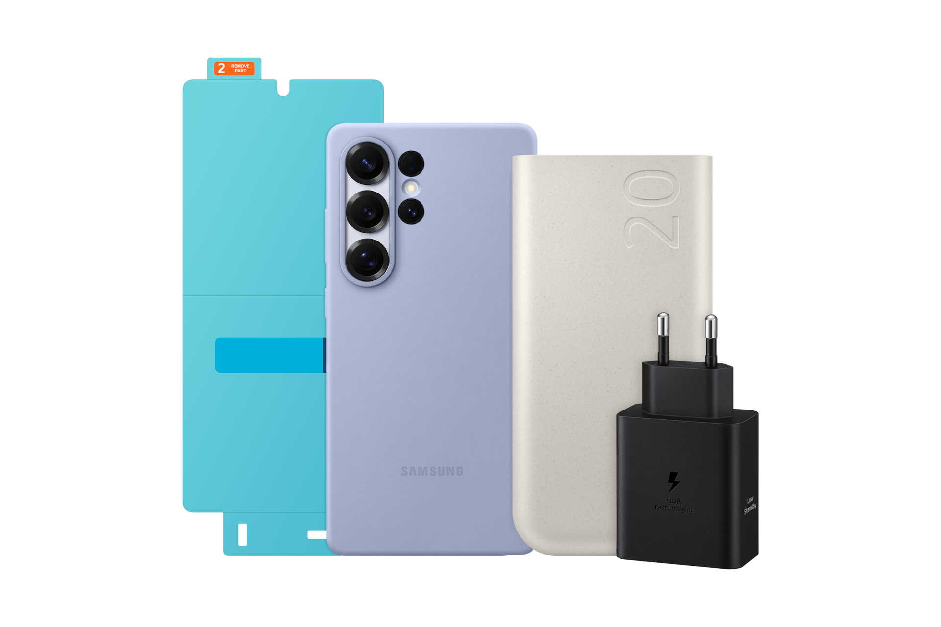 갤럭시 S25 Ultra 실리콘 케이스(라이트블루) + PD 배터리팩 20,000mAh (45W) + 갤럭시 S25 Ultra AR 스크린 프로텍터 + 50W 듀얼 PD 충전기 절전형 (USB C to C 케이블 포함) 첫번째 이미지
