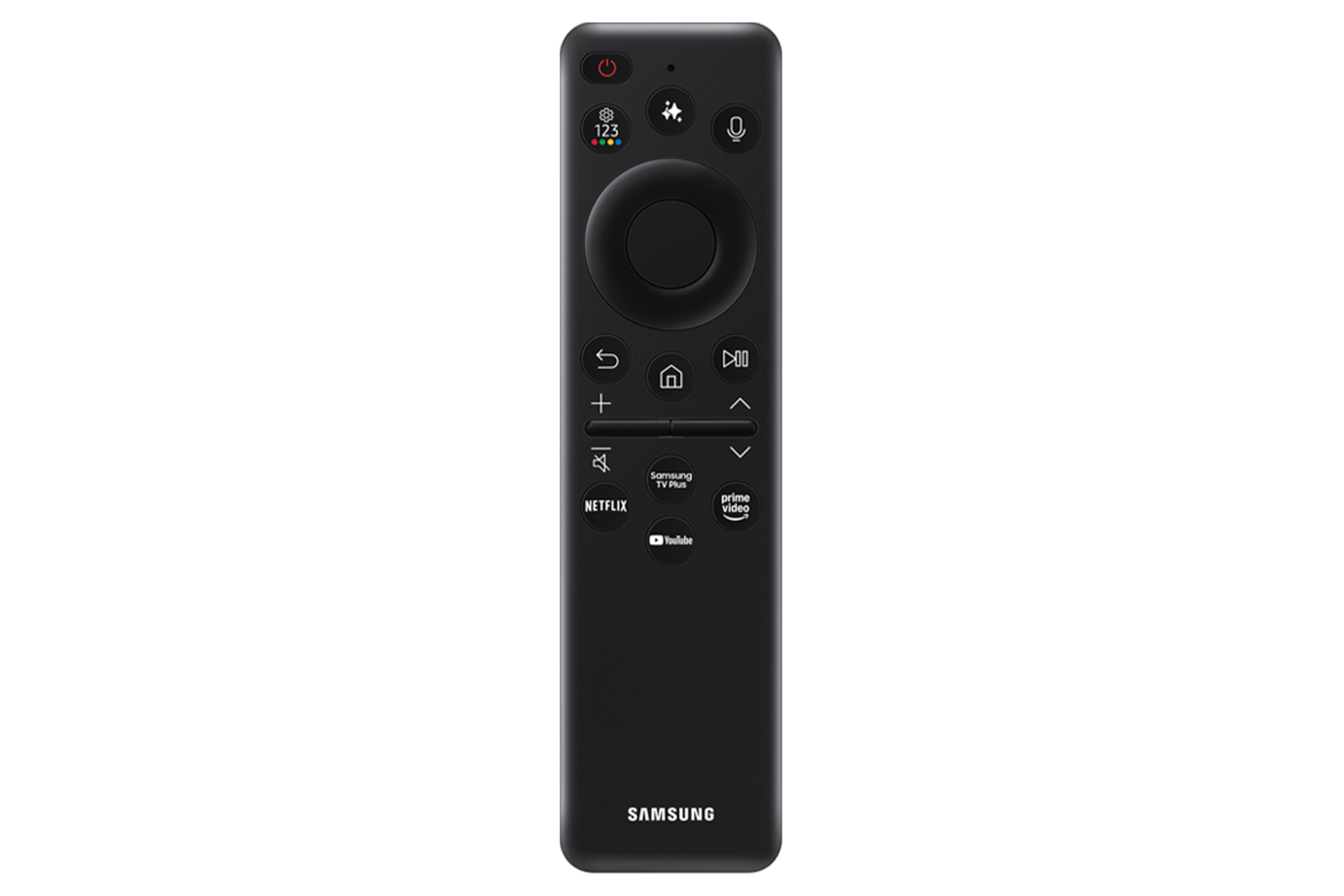 2025 OLED SF85 (138cm) 풀 모션 슬림핏 벽걸이형 여섯번째 이미지이며, 검은색의 TV리모컨이 보여지고 있습니다. 리모컨과 사용가능한 서비스 및 버튼 기능은 예고 없이 변경될 수 있습니다. 