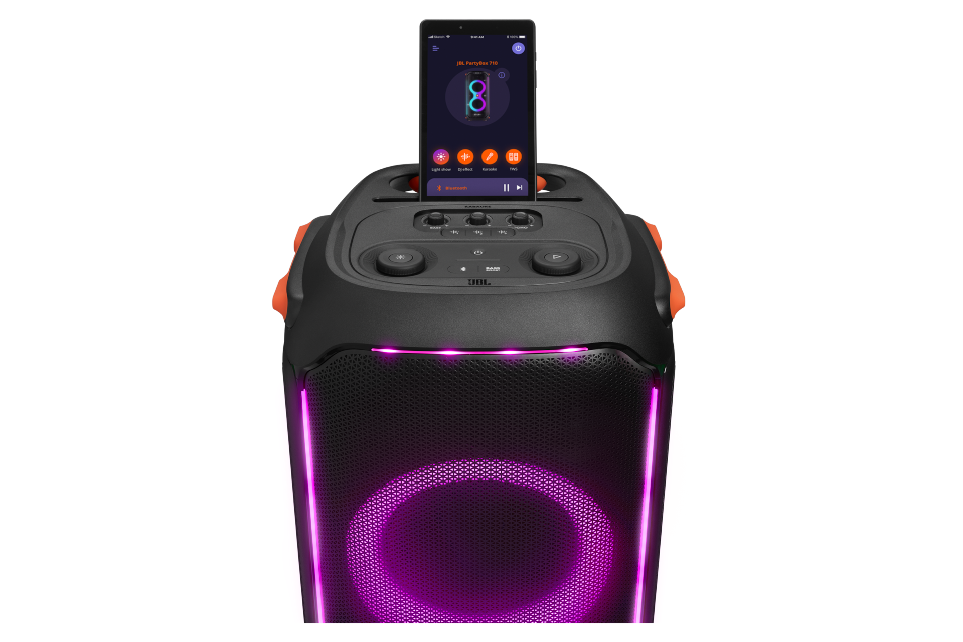 JBL PARTYBOX 710 파티 스피커 상단에 휴대폰 결합 컷