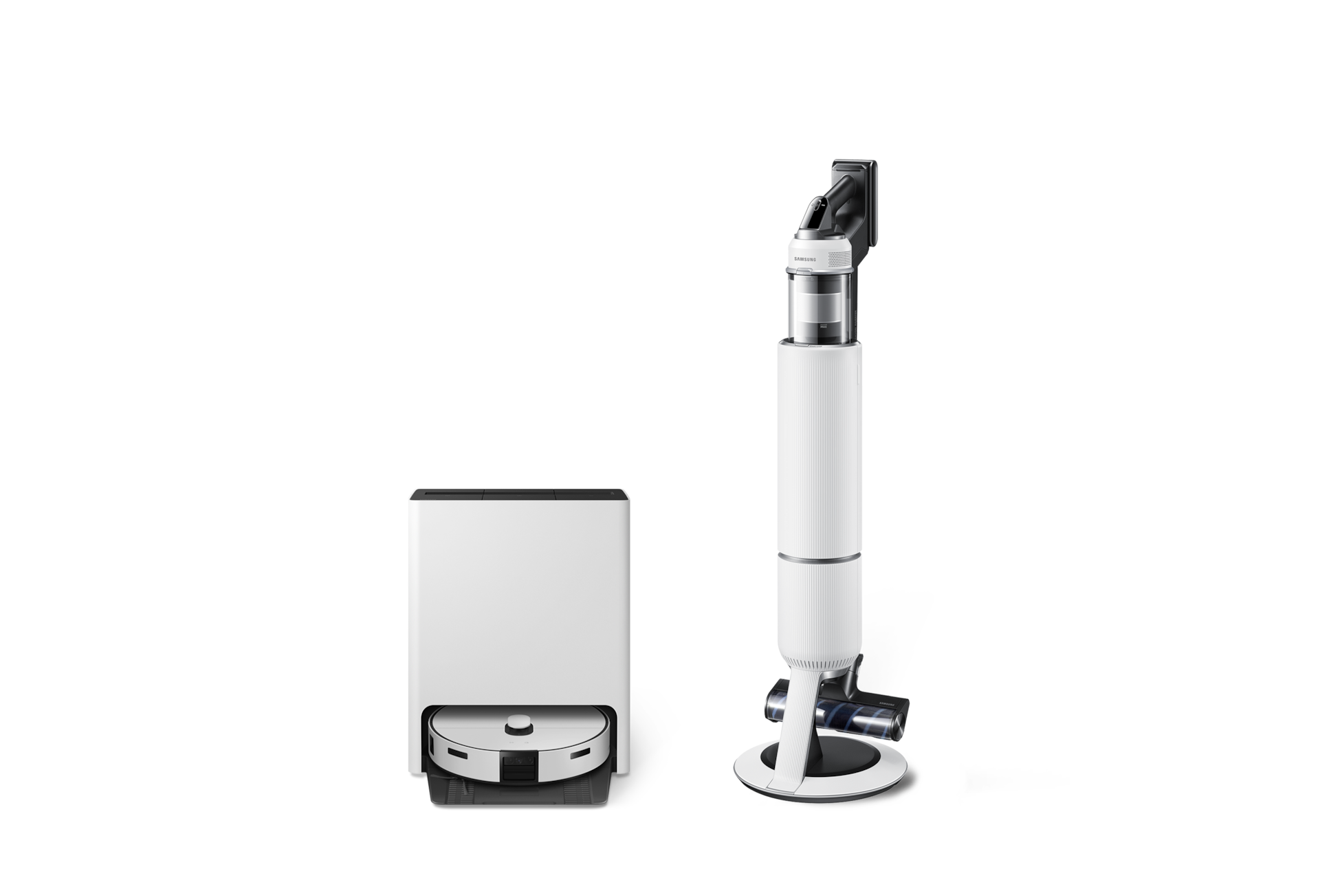 Bespoke AI 스팀 새틴 그레이지 청정스테이션과 결합된 정면 + Bespoke AI 제트 Lite 280W 미스티 화이트 청정스테이션과 결합된 오른쪽 측면