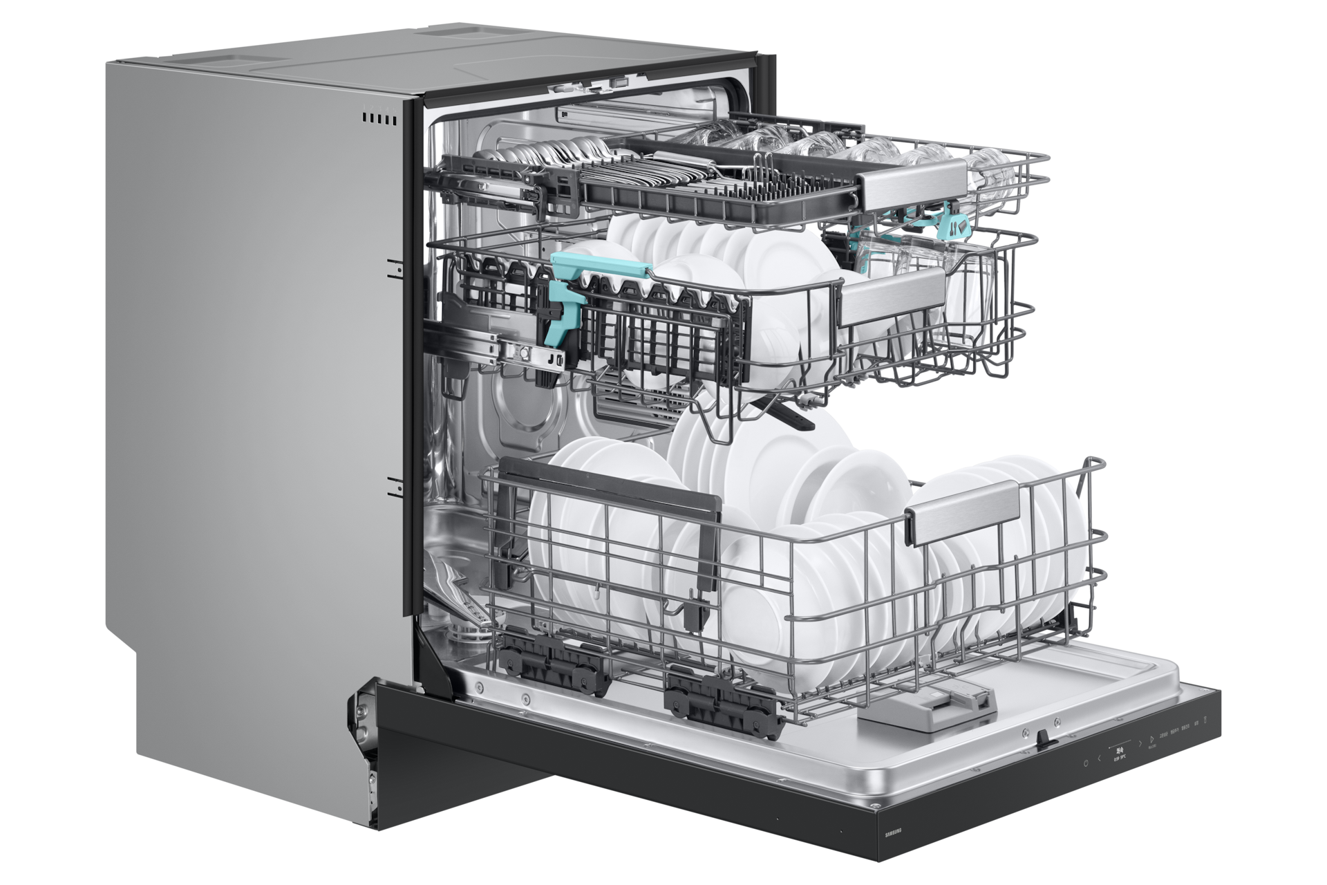 Bespoke AI 식기세척기 빌트인 14인용 (컵 맞춤 세척) 새틴 베이지 좌측면, 바스켓 아웃(컵, 식기 포함)