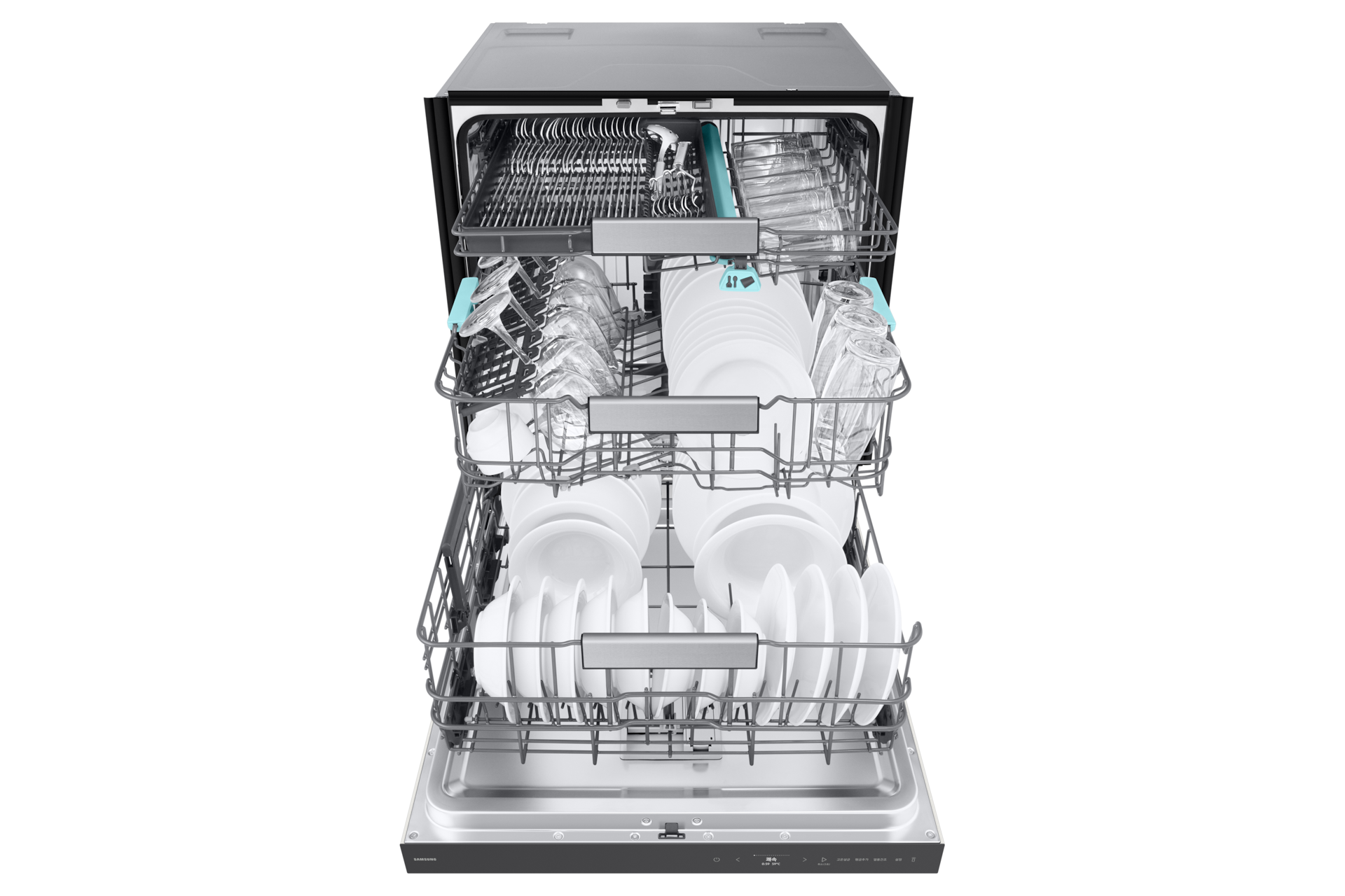 Bespoke AI 식기세척기 빌트인 14인용 (컵 맞춤 세척) 코타 화이트 정면, 바스켓 아웃(컵, 식기 포함)