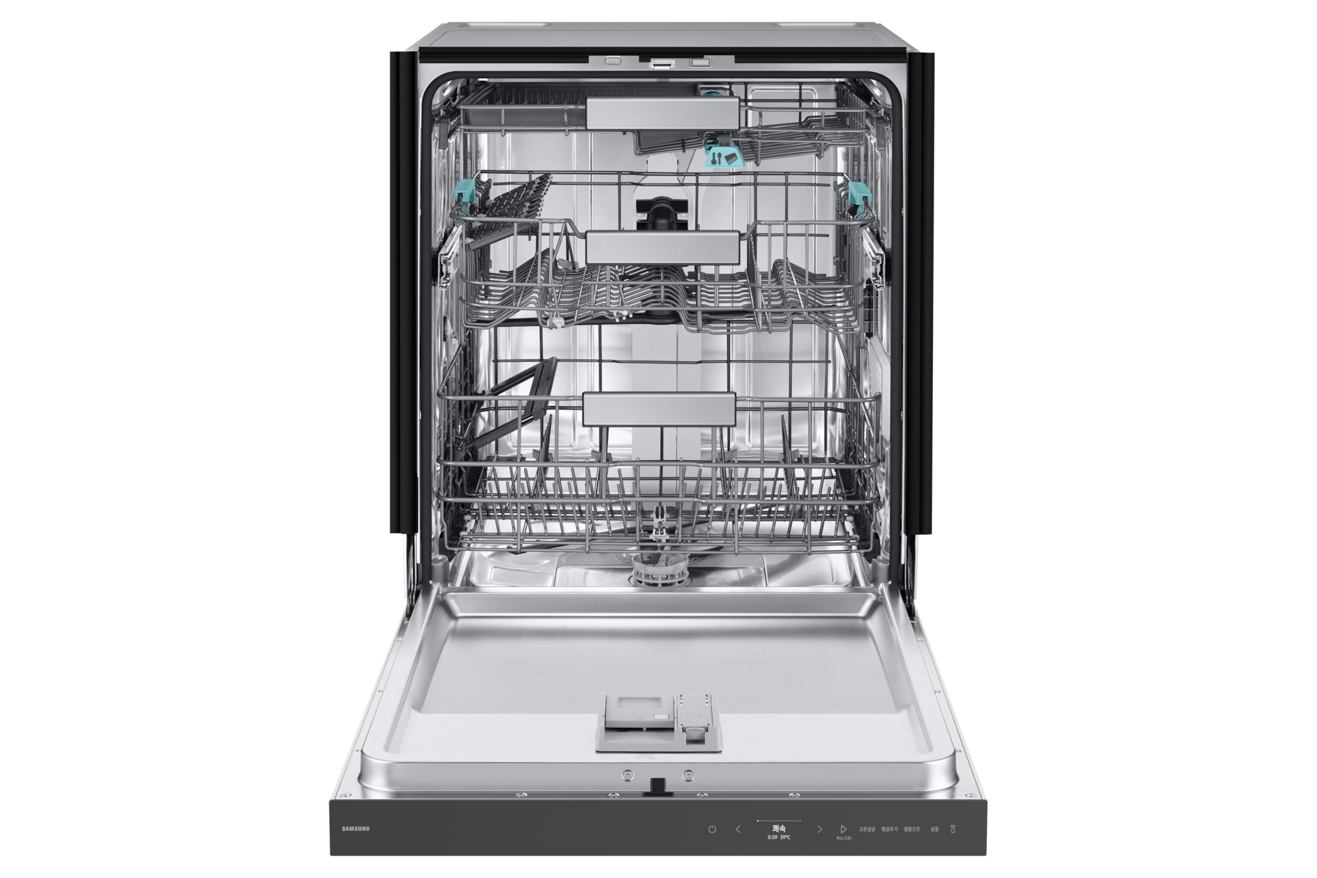 Bespoke AI 식기세척기 빌트인 14인용 (컵 맞춤 세척) 코타 화이트 정면, 도어 열림