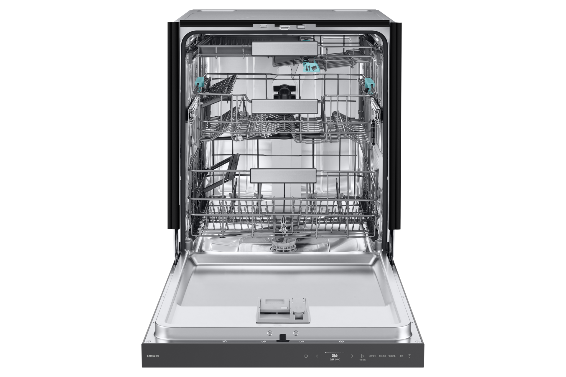 Bespoke AI 식기세척기 빌트인 14인용 (컵 맞춤 세척) 새틴 베이지 정면, 도어 열림