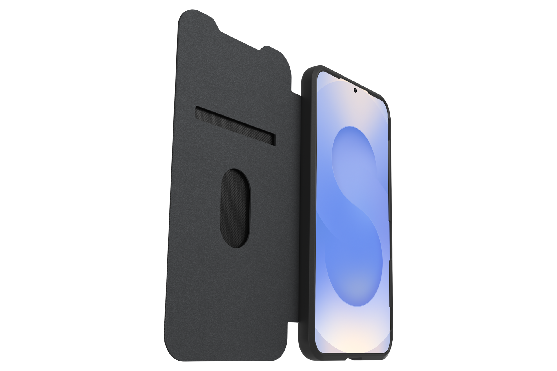 갤럭시 S25+ 리액트 폴리오 케이스 (블랙) 기기를 장착한 덮개가 열린 우측으로 45도 돌아간 이미지