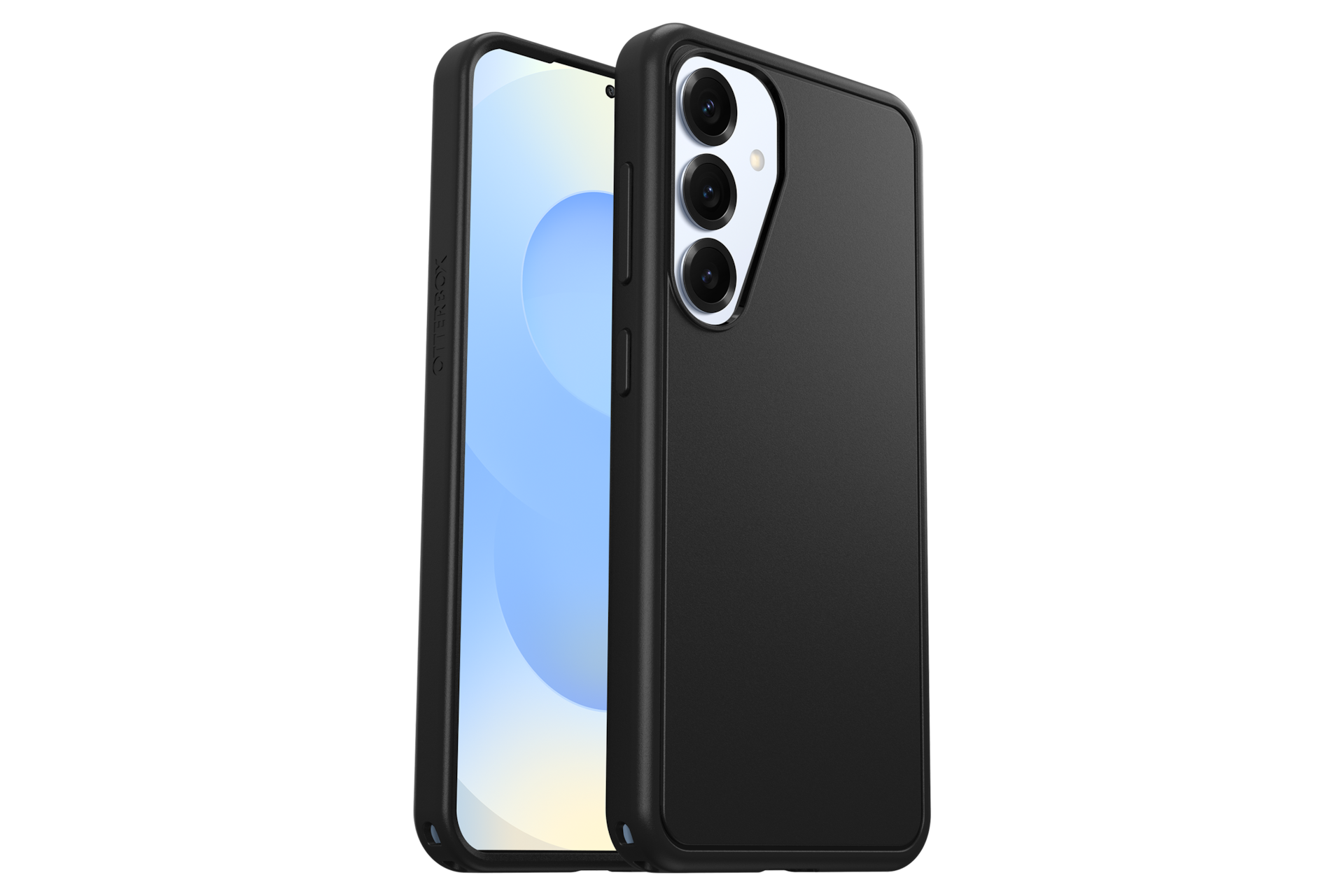 갤럭시 S25 시메트리 마그넷 케이스 (블랙) 기기가 장착된 우측으로 45도 돌아간 정면 및 후면 이미지