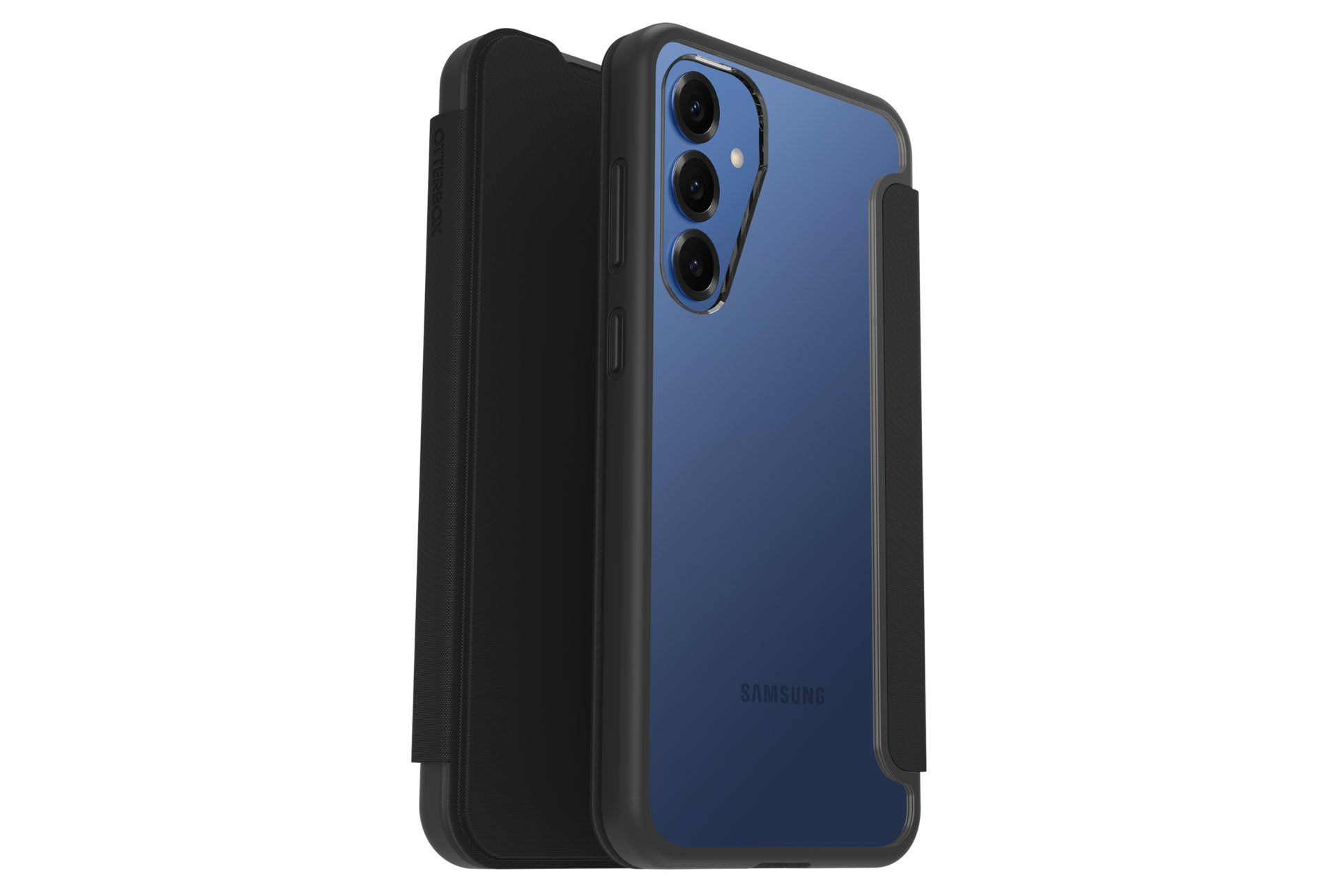 갤럭시 S25+ 리액트 폴리오 케이스 (블랙) 기기를 장착한 우측으로 45도 돌아간 정면 및 후면 이미지