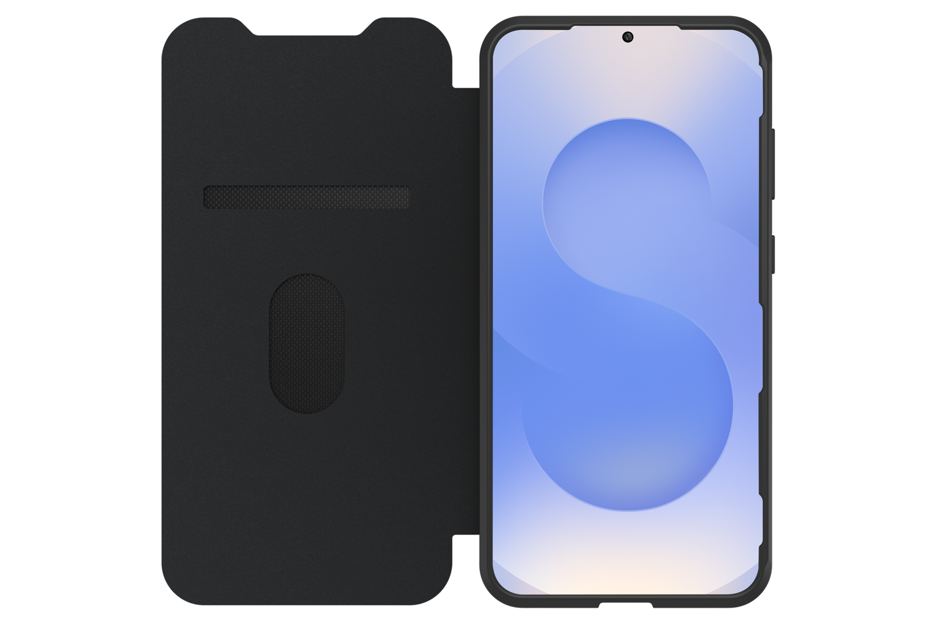 갤럭시 S25+ 리액트 폴리오 케이스 (블랙) 기기를 장착한 덮개가 열린 정면 이미지