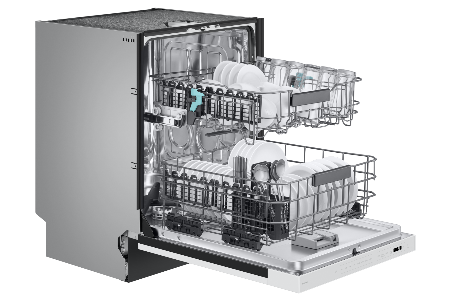Bespoke AI 식기세척기 세미 빌트인 12인용 좌측면, 바스켓 아웃(컵, 식기 포함)