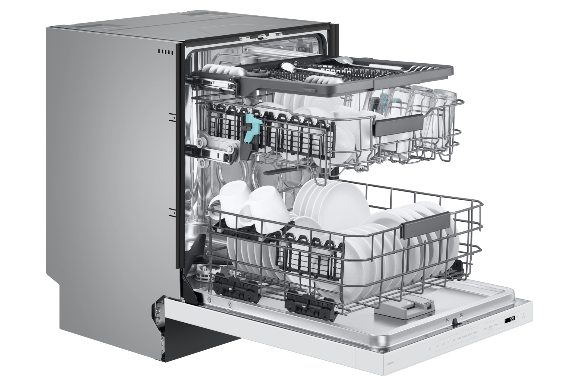 Bespoke AI 식기세척기 빌트인 14인용 에센셜 화이트 좌측면, 바스켓 아웃(컵, 식기 포함)