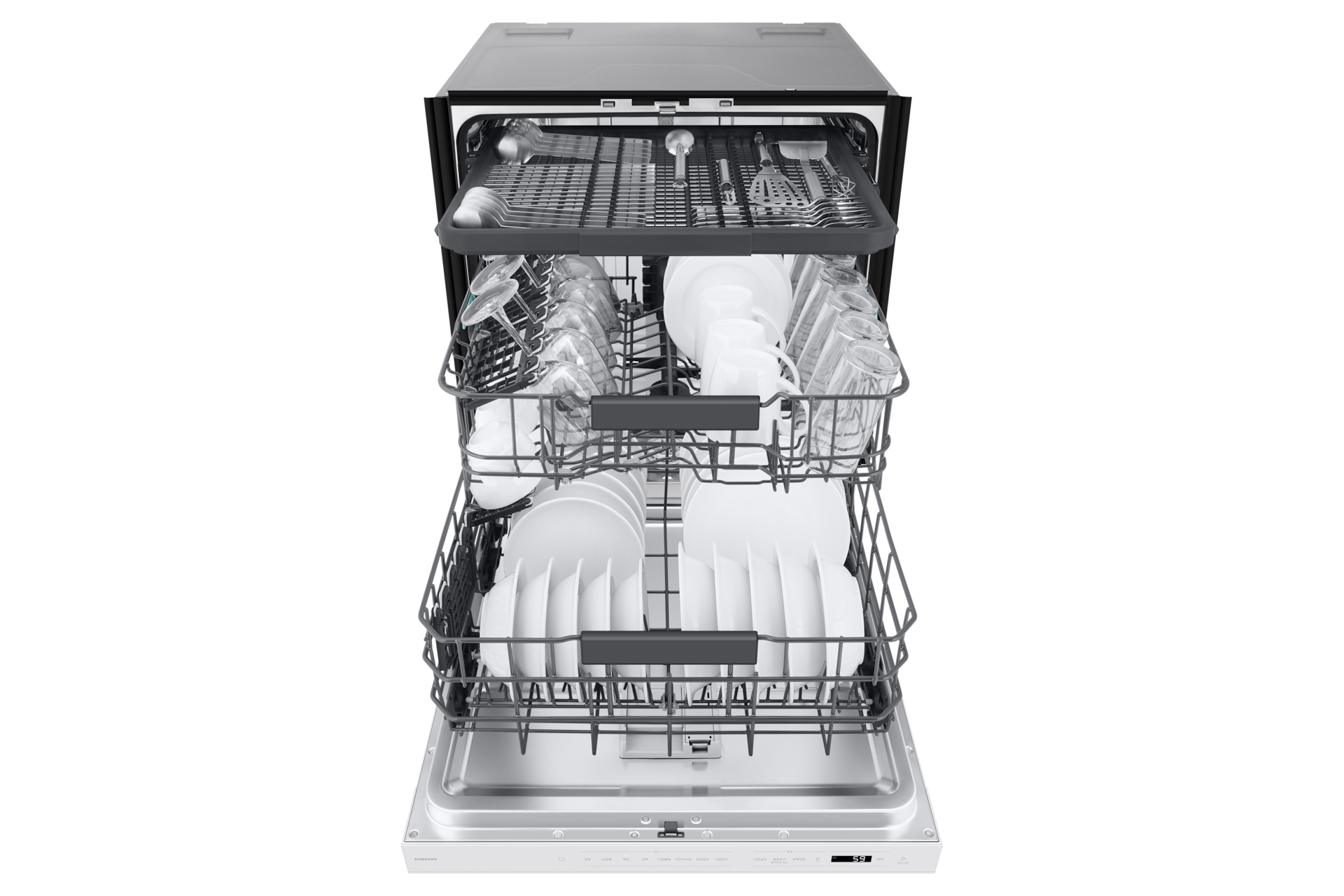 Bespoke AI 식기세척기 빌트인 14인용 에센셜 화이트 정면, 바스켓 아웃(컵, 식기 포함)