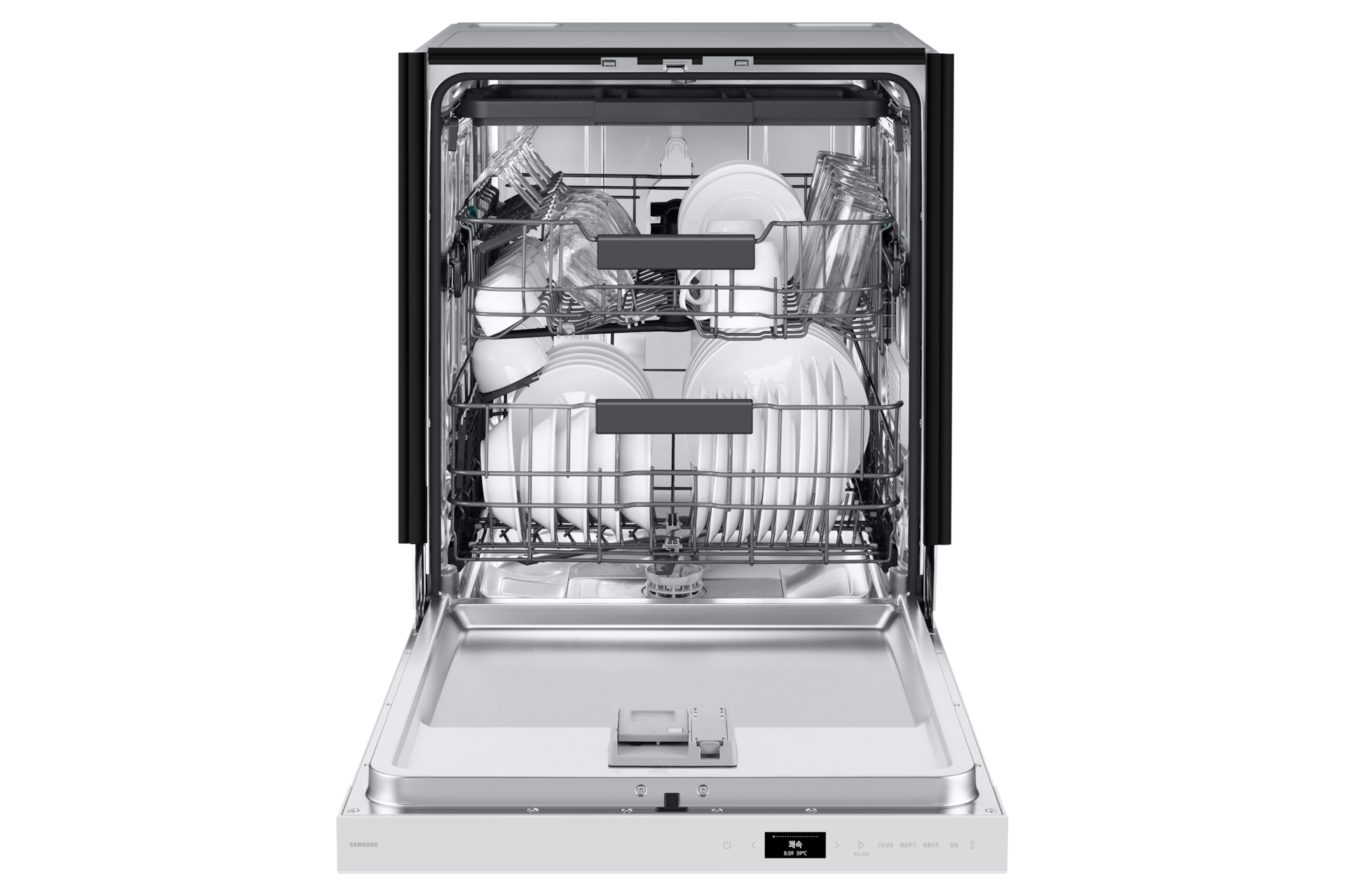 Bespoke AI 식기세척기 빌트인 14인용 에센셜 화이트 정면, 도어 열림(컵, 식기 포함)