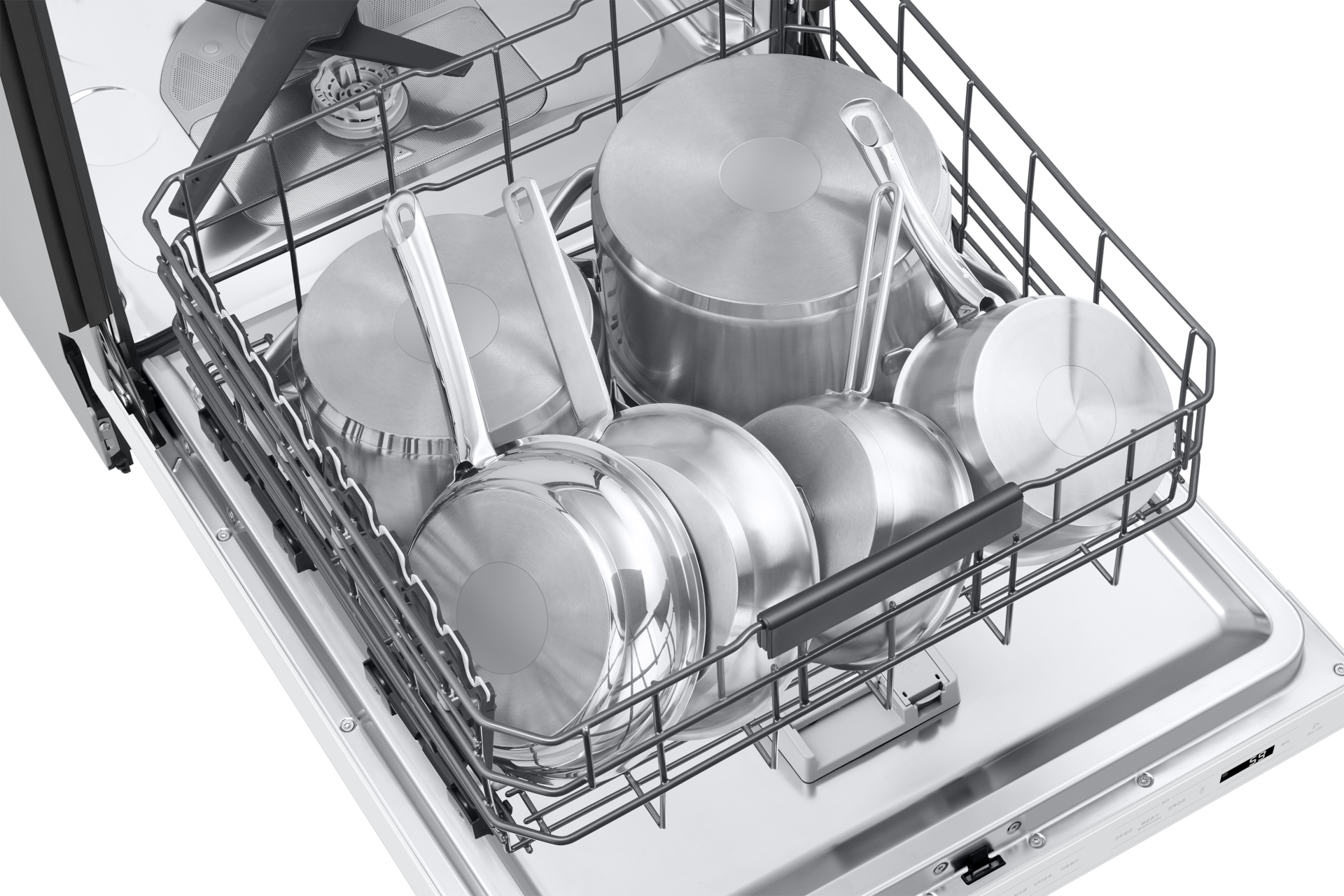 Bespoke AI 식기세척기 빌트인 14인용 에센셜 화이트 상단 시점, 하단 바스켓 확대(식기 포함)