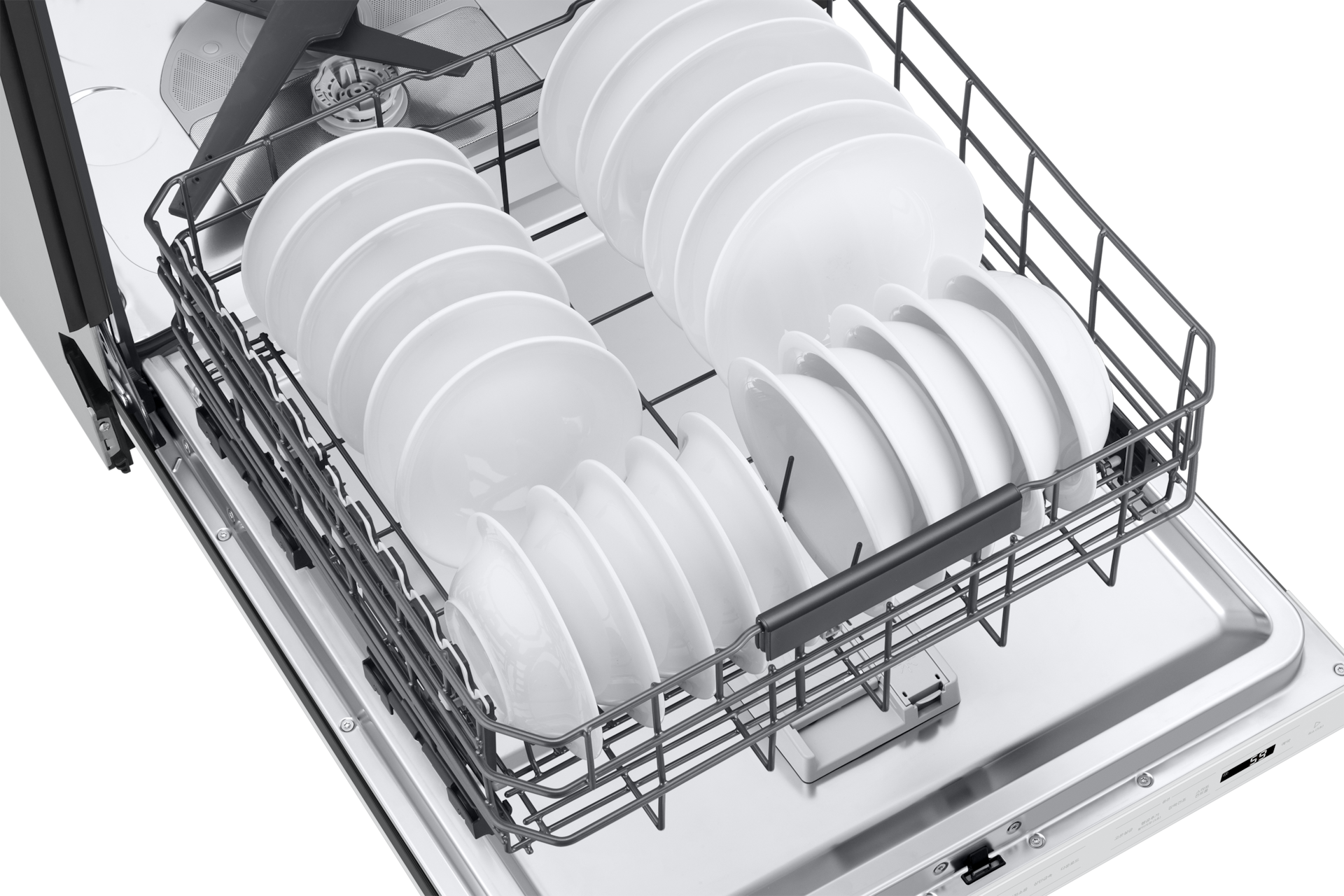 Bespoke AI 식기세척기 세미 빌트인 12인용 상단 시점, 하단 바스켓 확대(식기 포함)