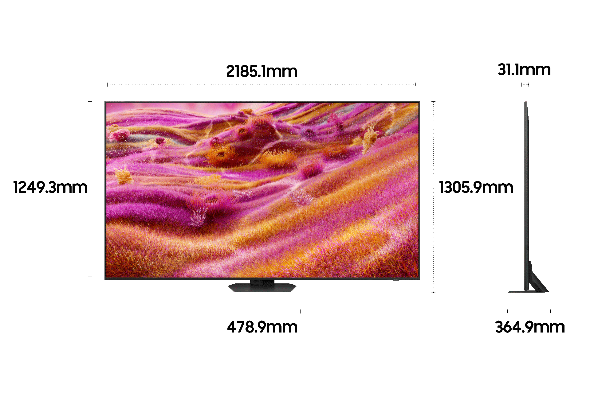 2025 Neo QLED QNF90 (247cm) 두번째 이미지이며, TV의 상세사이즈가 기재되어 있습니다. 