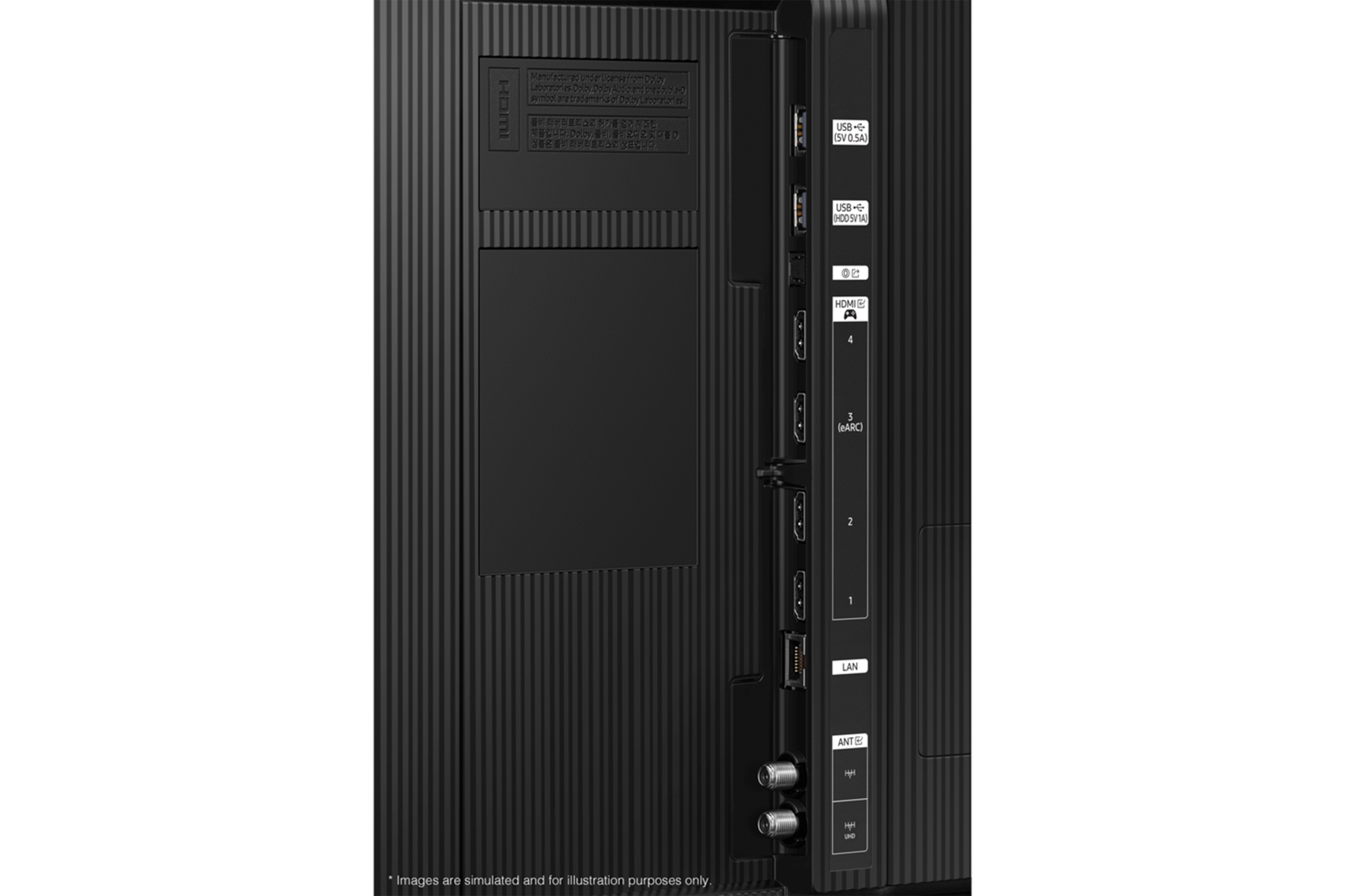 2025 Neo QLED QNF80 (138cm) 풀 모션 슬림핏 벽걸이형 다섯번째 이미지이며, TV 뒷면의 Jack port 부분이 보여지고 있습니다. 