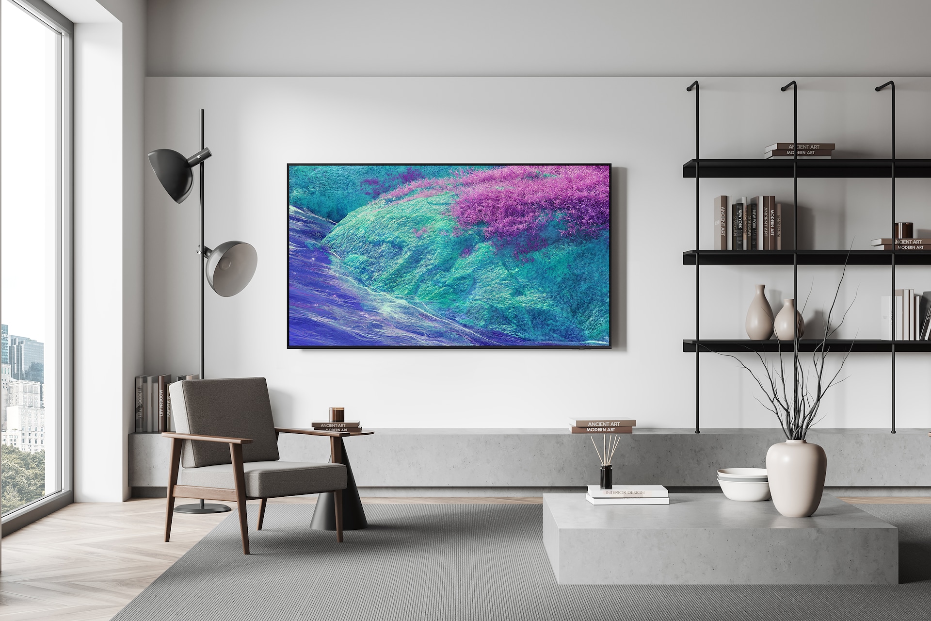 2025 Neo QLED QNFE1 (163cm) 풀 모션 슬림핏 벽걸이형 세번째 이미지이며, 거실 벽에 TV가 설치되어있는 라이프스타일 컷입니다. 