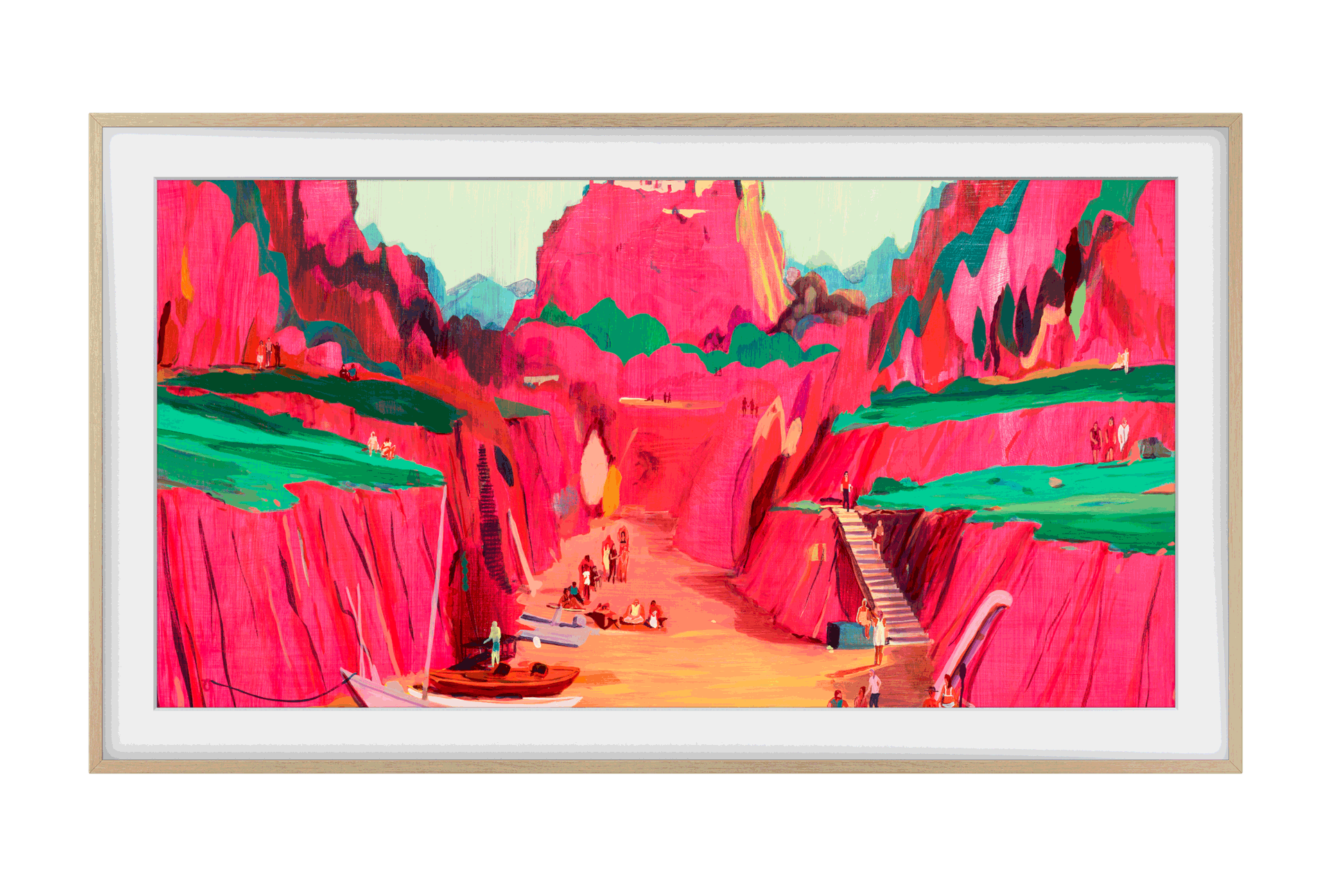 2025 The Frame Pro (189cm) 플랫 티크 베젤 첫번째 이미지이며, 플랫 티크 베젤이 설치된 TV의 정면컷이 보입니다. 