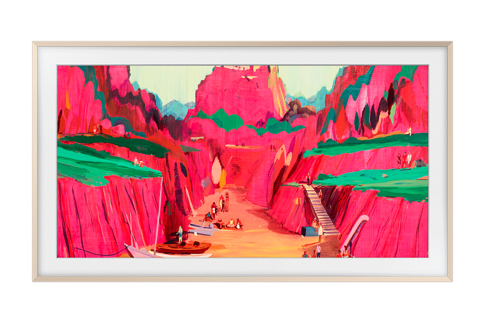 2025 The Frame Pro (189cm) 챔퍼 샌드골드 베젤 첫번째 이미지이며, 챔퍼 샌드골드 베젤이 설치된 TV의 정면컷이 보입니다. 