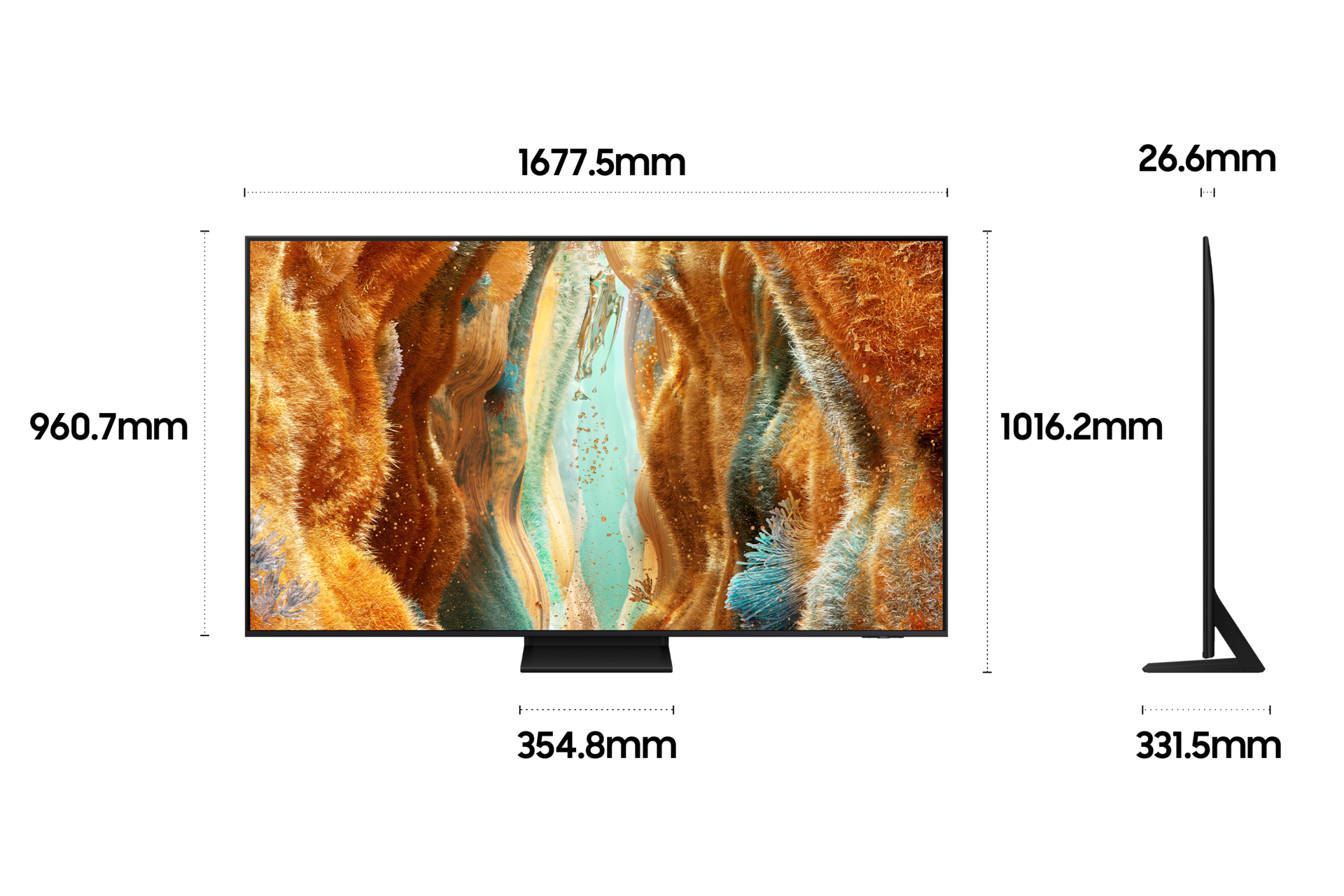 2025 Neo QLED QNF75 (189cm) 두번째 이미지이며, TV의 상세사이즈가 기재되어 있습니다. 