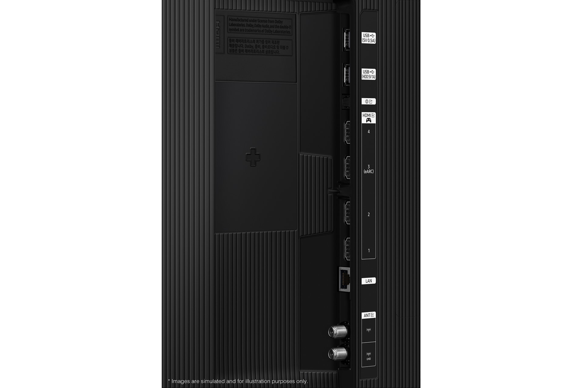 2025 Neo QLED QNFE1 (163cm) 풀 모션 슬림핏 벽걸이형 다섯번째 이미지이며, TV 뒷면의 Jack port 부분이 보여지고 있습니다. 