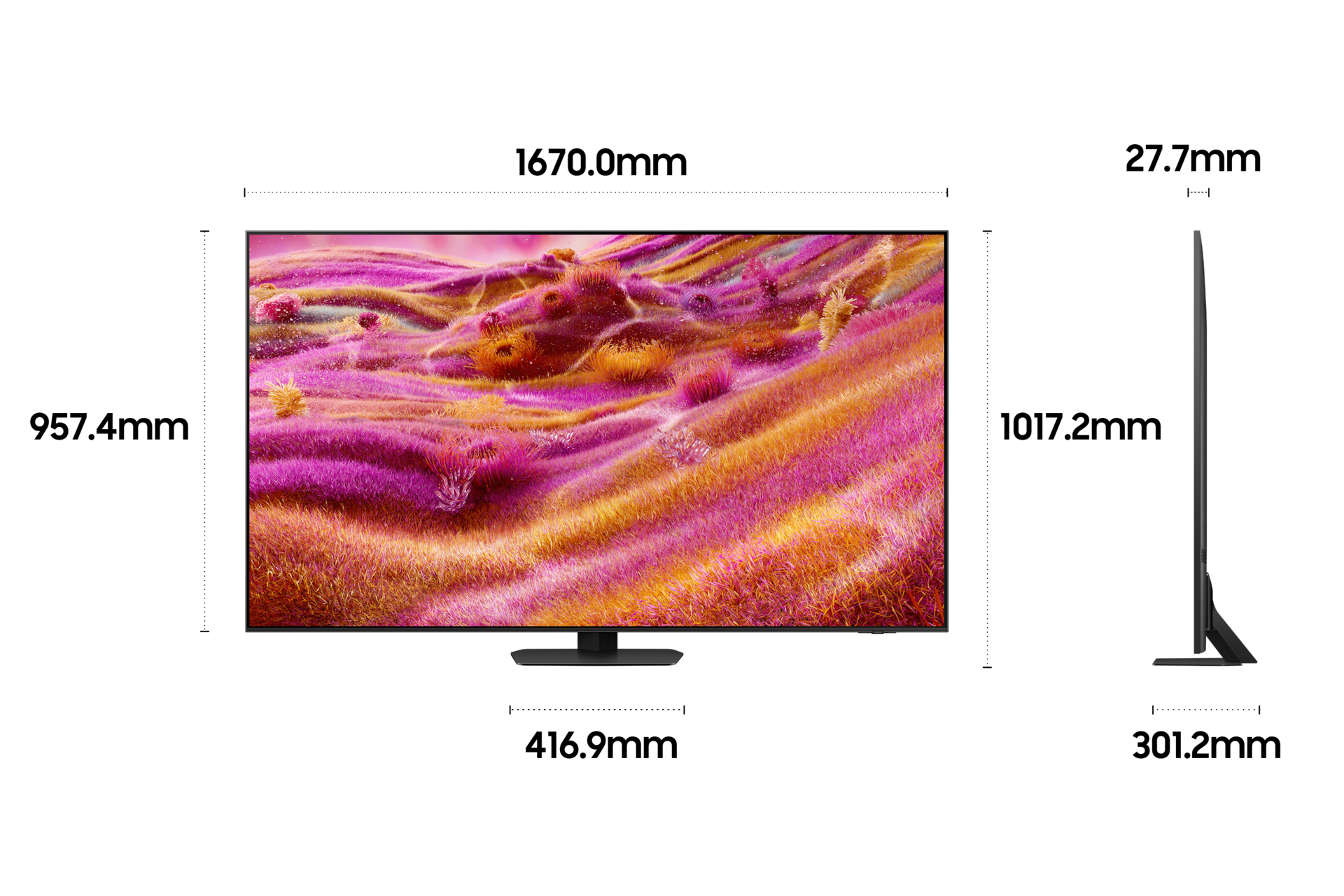 2025 Neo QLED QNF90 (189cm) 풀 모션 슬림핏 벽걸이형 두번째 이미지이며, TV의 상세사이즈가 기재되어 있습니다. 