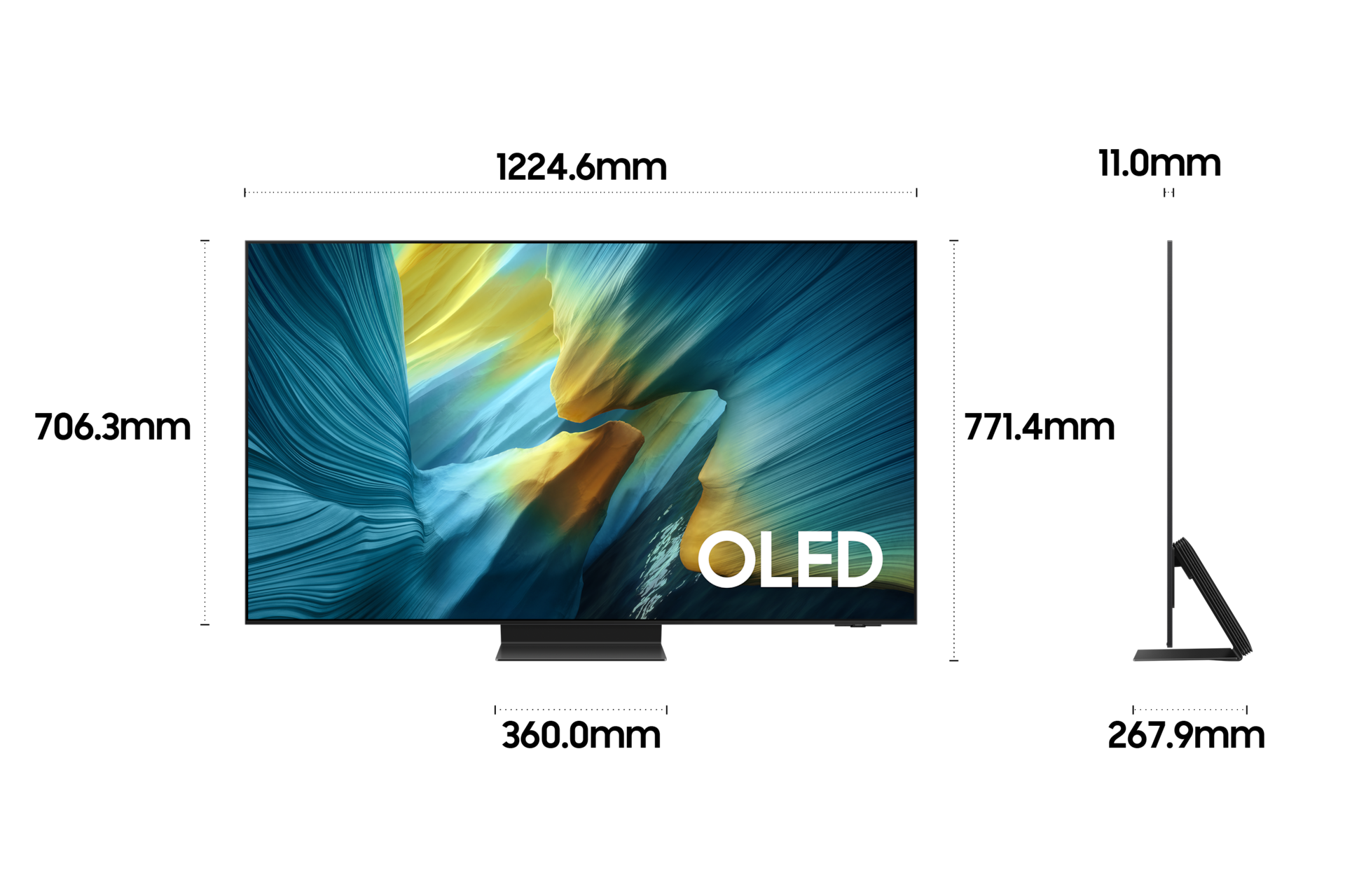 2025 OLED SF95 (138cm) 두번째 이미지이며, TV의 상세사이즈가 기재되어 있습니다. 