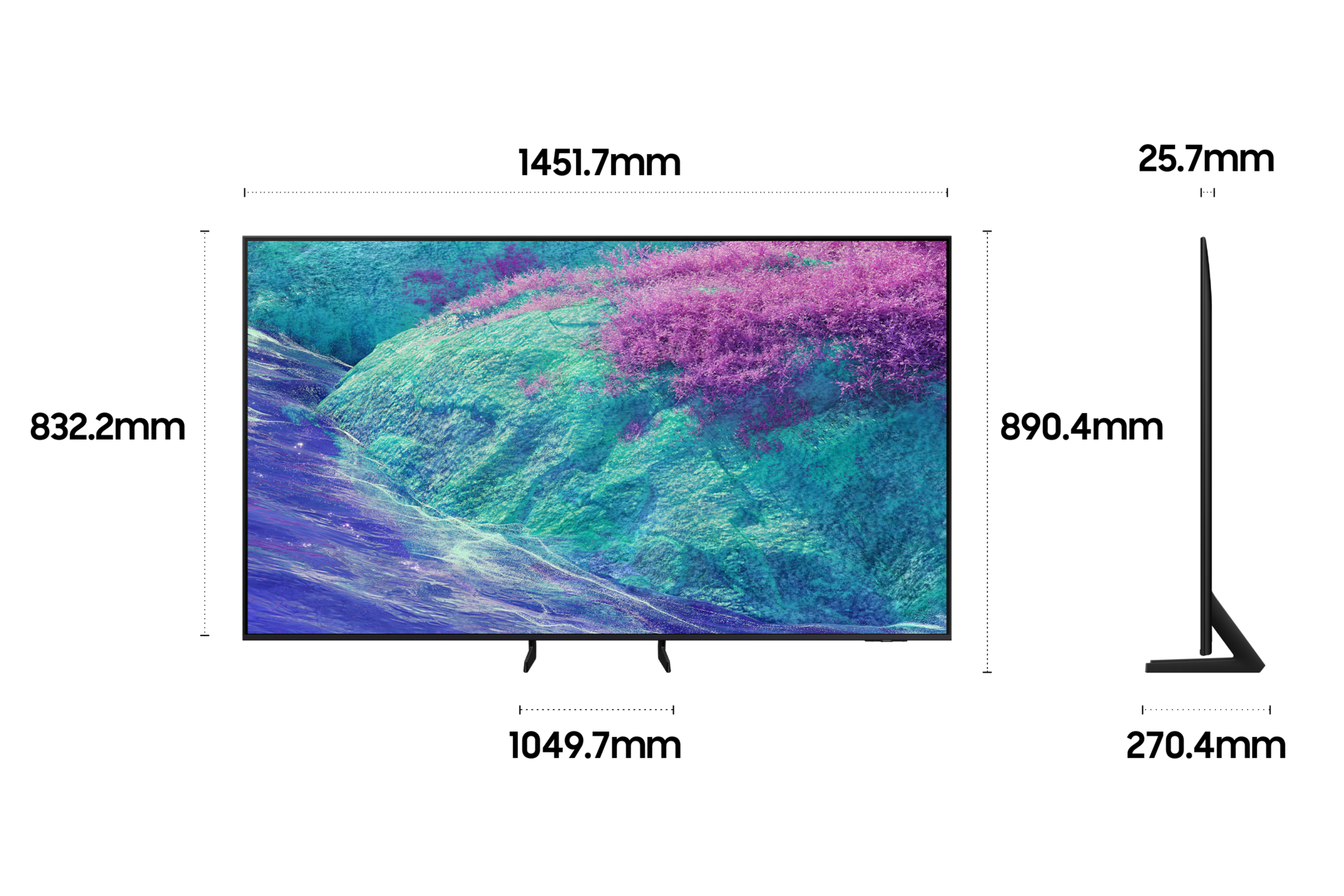 2025 Neo QLED QNFE1 (163cm) 풀 모션 슬림핏 벽걸이형 두번째 이미지이며, TV의 상세사이즈가 기재되어 있습니다. 