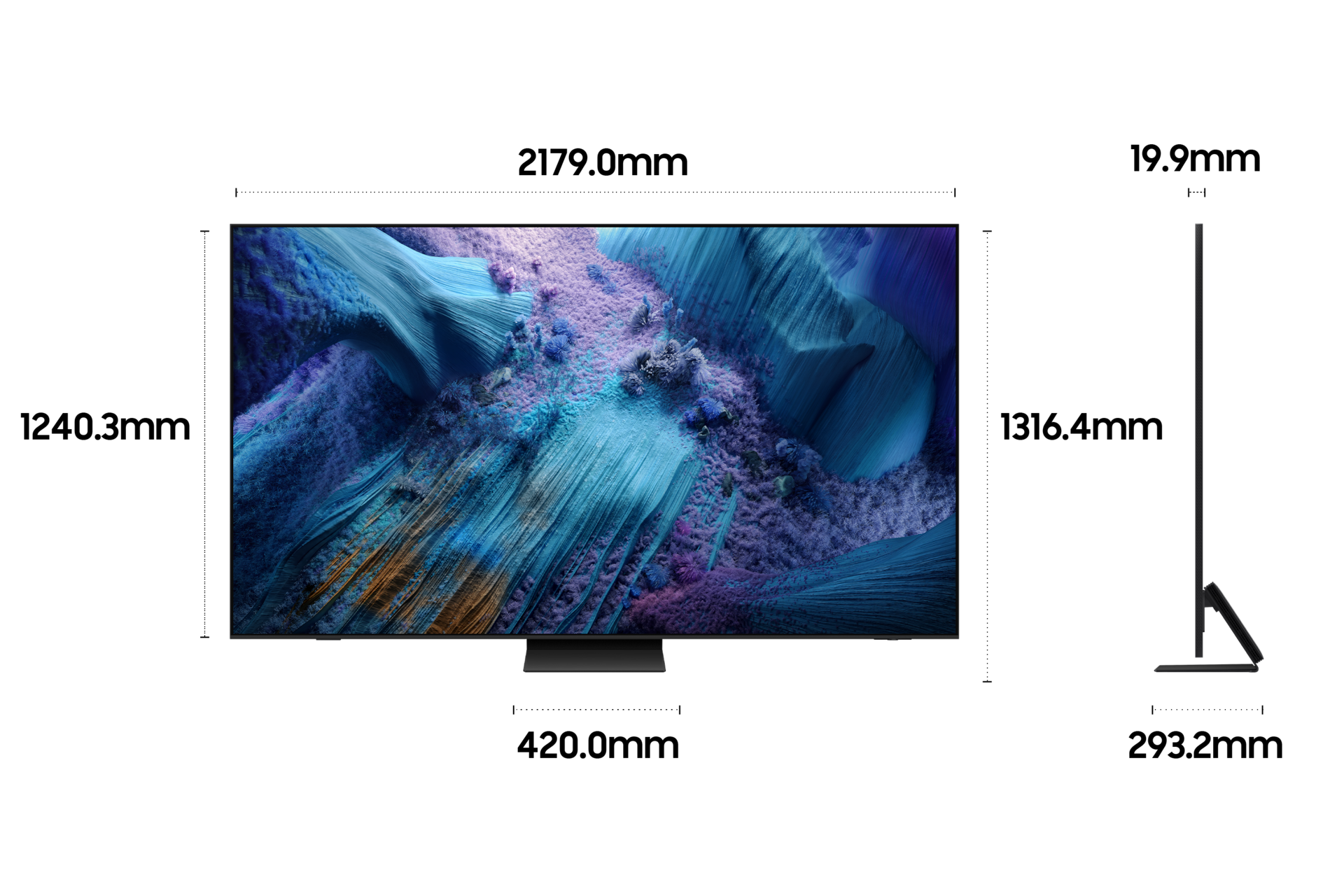 2025 Neo QLED 8K QNF990 (247cm) (솔라셀 리모트 포함) 세번째 이미지이며, TV의 상세사이즈가 기재되어 있습니다. 