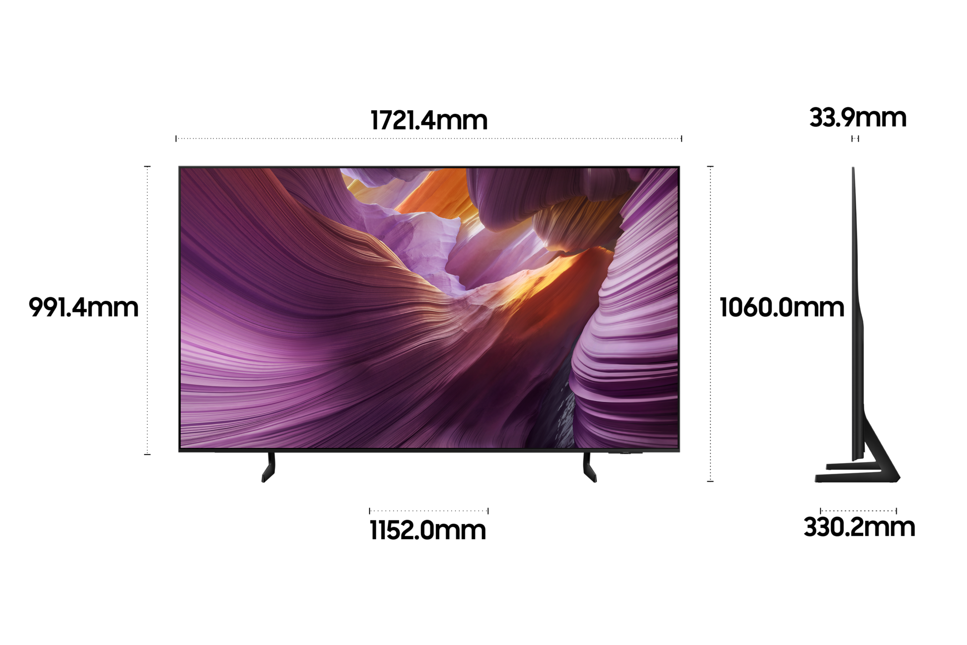 2025 OLED SF85 (194cm) 풀 모션 슬림핏 벽걸이형 두번째 이미지이며, TV의 상세사이즈가 기재되어 있습니다. 