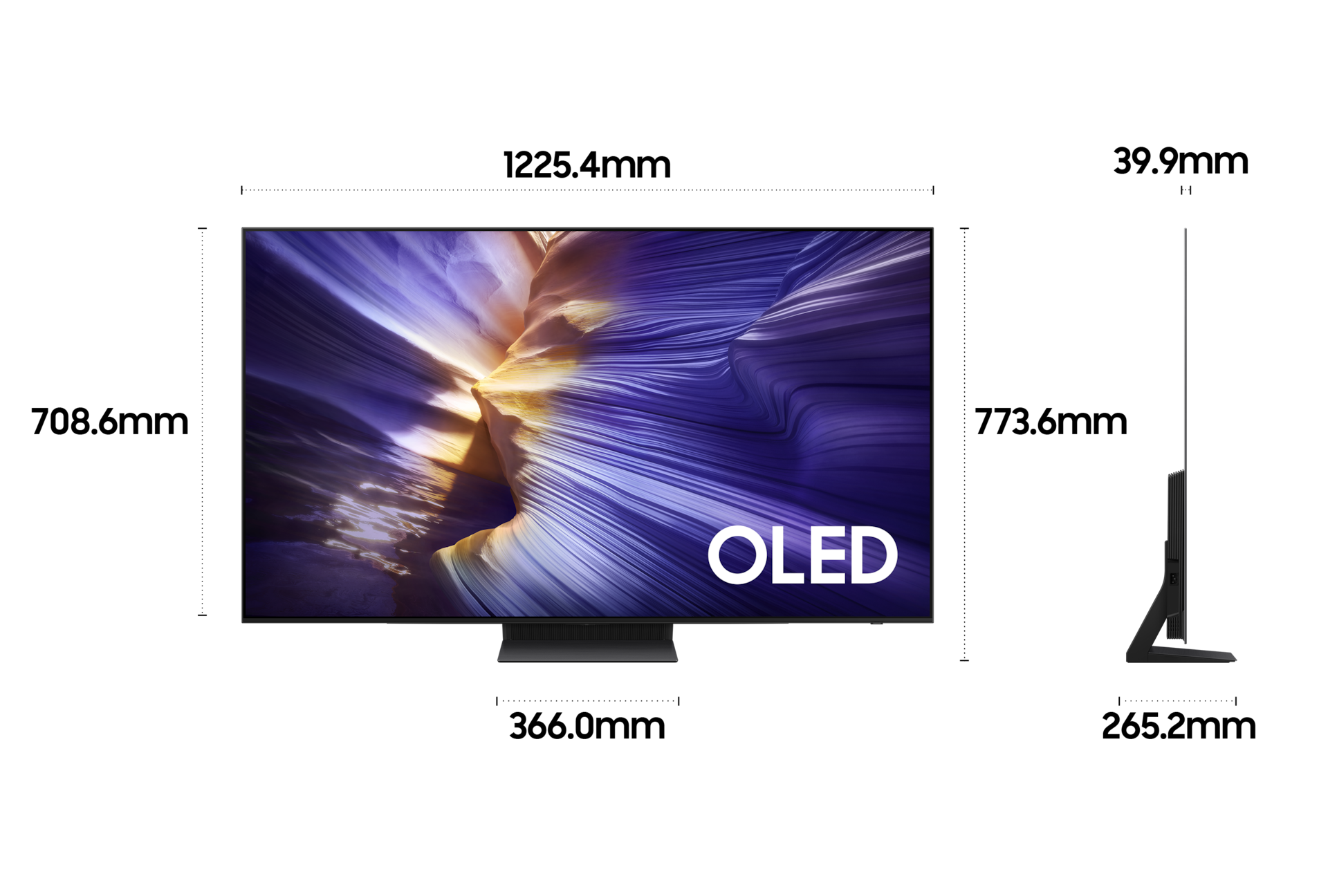 2025 OLED SF90 (138cm) 두번째 이미지이며, TV의 상세사이즈가 기재되어 있습니다. 