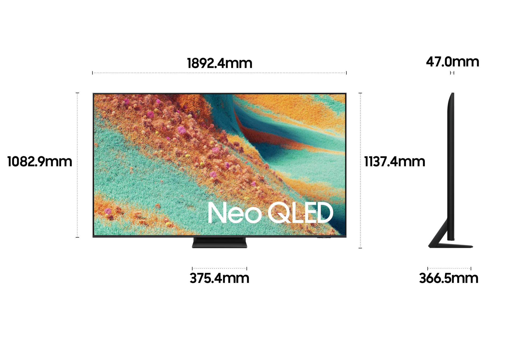 2025 Neo QLED QNF85 (214cm) 두번째 이미지이며, TV의 상세사이즈가 기재되어 있습니다. 