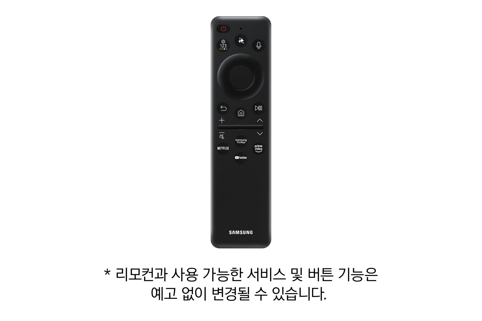 2025 Neo QLED 8K QNF990 (214cm) (솔라셀 리모트 포함) 일곱번째 이미지이며, 검은색의 TV리모컨이 보여지고 있습니다. 리모컨과 사용가능한 서비스 및 버튼 기능은 예고 없이 변경될 수 있습니다. 