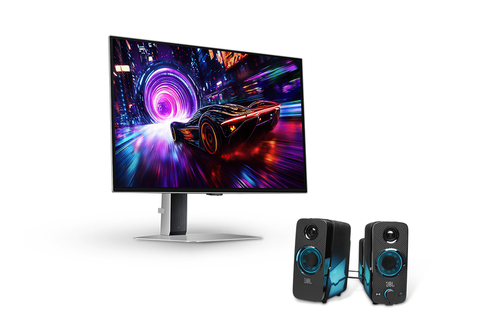 오디세이 OLED G8 (G81SF)(67.7cm) 측면 이미지 + JBL QUANTUM DUO 게이밍 스피커 정면 이미지