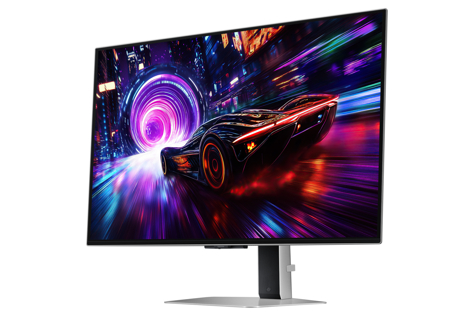 스포츠카가 네온 터널을 향해 질주하는 32인치 삼성 오디세이 OLED G8의 오른쪽 전면 모습입니다.