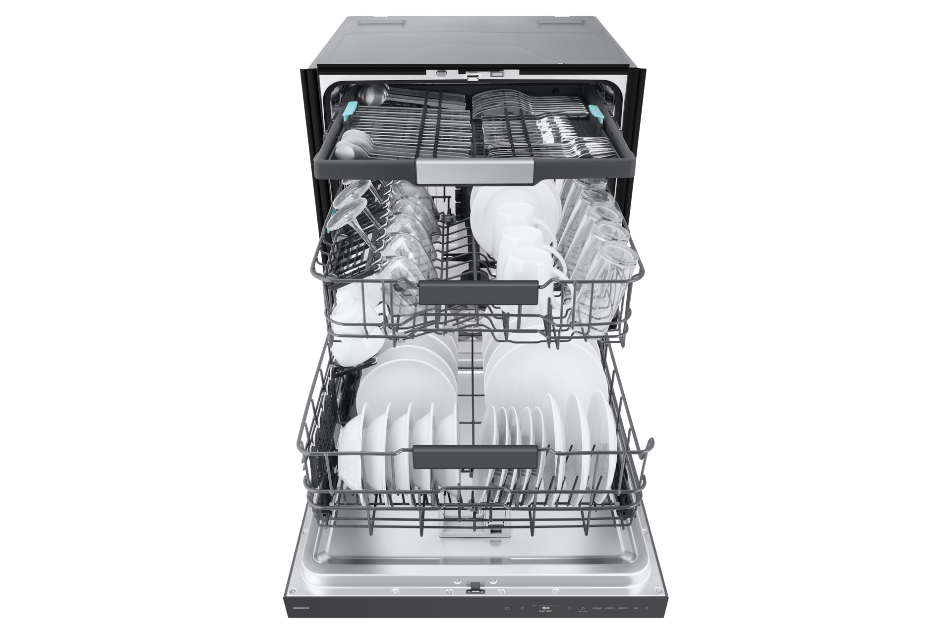 Bespoke AI 식기세척기 빌트인 14인용 (필터 내장형) 쉬머 차콜 정면, 바스켓 아웃(컵, 식기 포함)