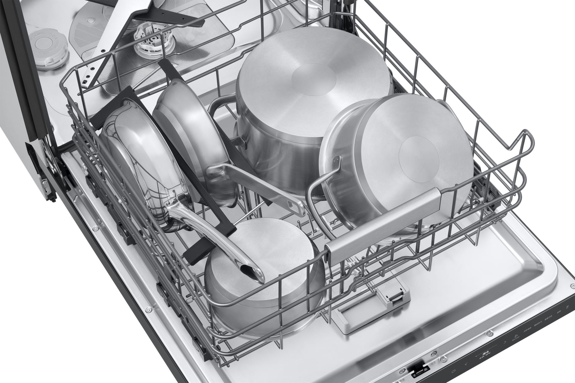 Bespoke AI 식기세척기 빌트인 14인용 (필터 내장형, 컵 맞춤 세척) 쉬머 차콜 상단 시점, 하단 바스켓 확대(식기 포함)