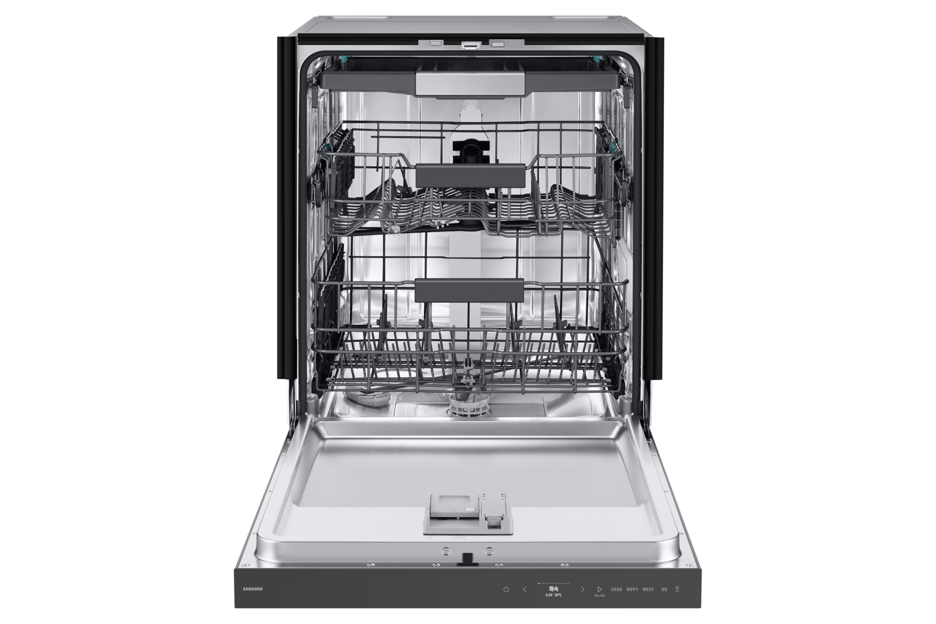 Bespoke AI 식기세척기 빌트인 14인용 (필터 내장형) 쉬머 차콜 정면, 도어 열림