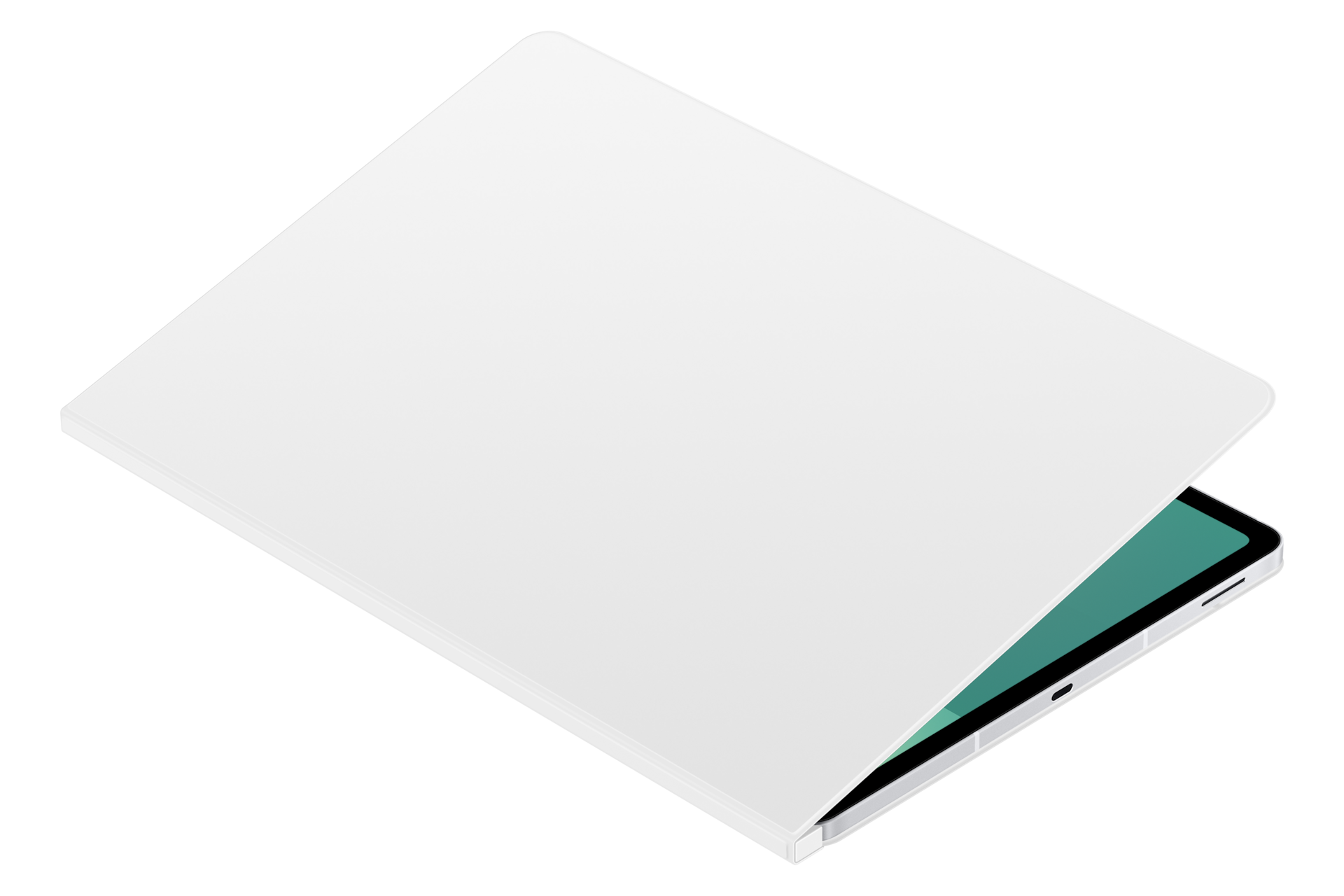 스마트 북커버 (갤럭시 탭 S10 FE+ 호환) 화이트 덮개가 살짝 열린 우측으로 45도 돌아간 누워있는 제품 이미지