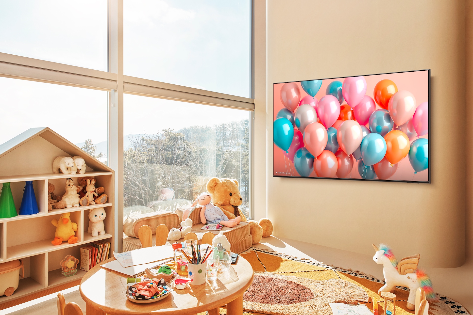 2025 QLED 4K QF7S (138cm) 세번째 이미지이며, 거실 벽에 TV가 설치되어 있으며 화면에는 여러가지 색상의 풍선이 보이는 라이프스타일 컷입니다. 